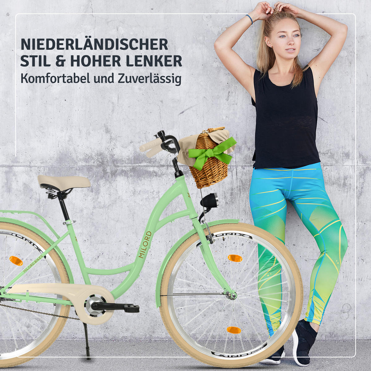 CITY-FAHRRAD Milord mit Weidenkorb, 28 Zoll, Mintze, 1-Gang - Creme/Grün, Metall (46cm) - Milordbikes