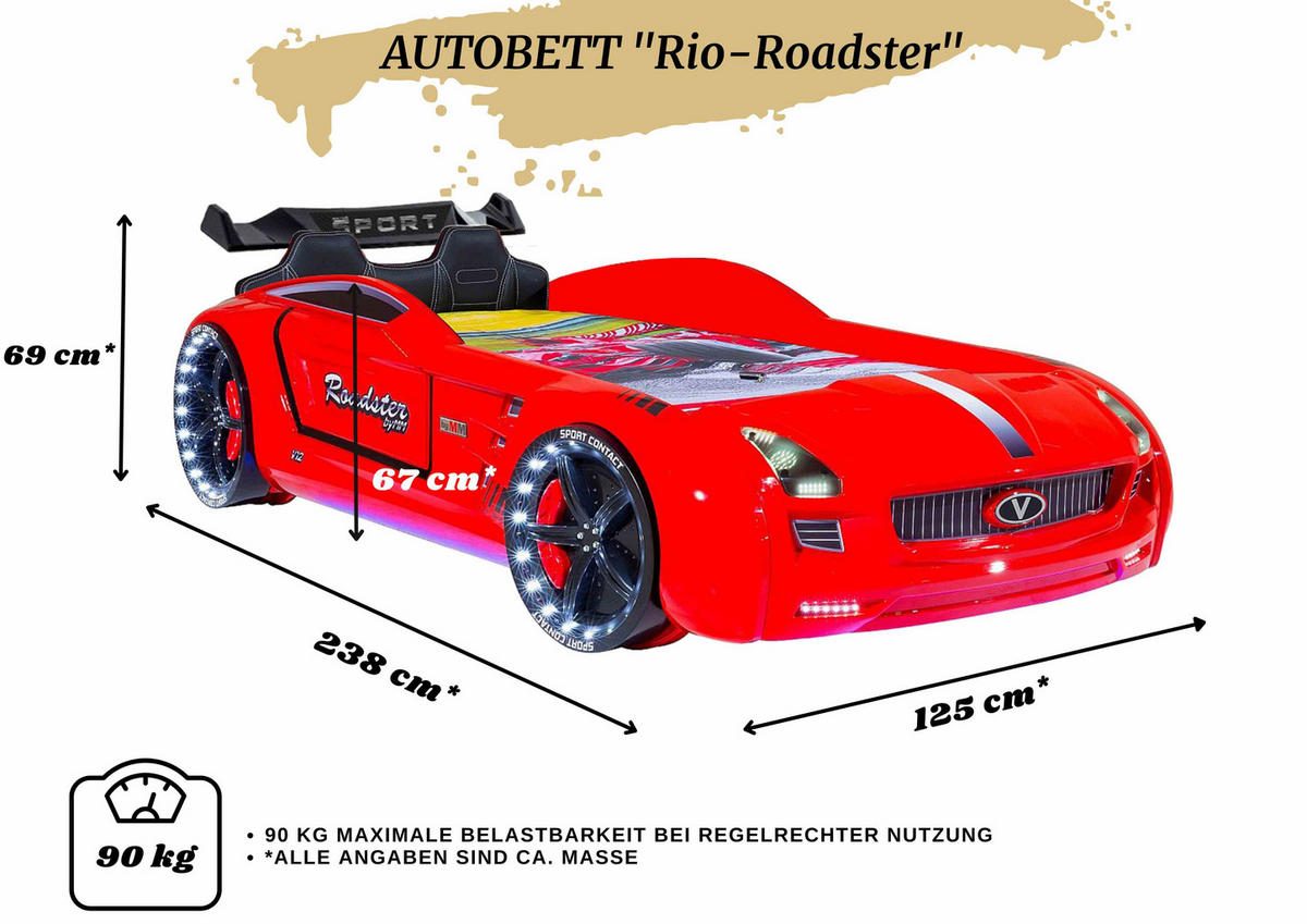 AUTOBETT Roadster Rot Kinderbett LED Sound Sportsitze Lattenrost Spoiler - Rot/Schwarz, Holzwerkstoff/Kunststoff (90/190cm) - Aileenstore