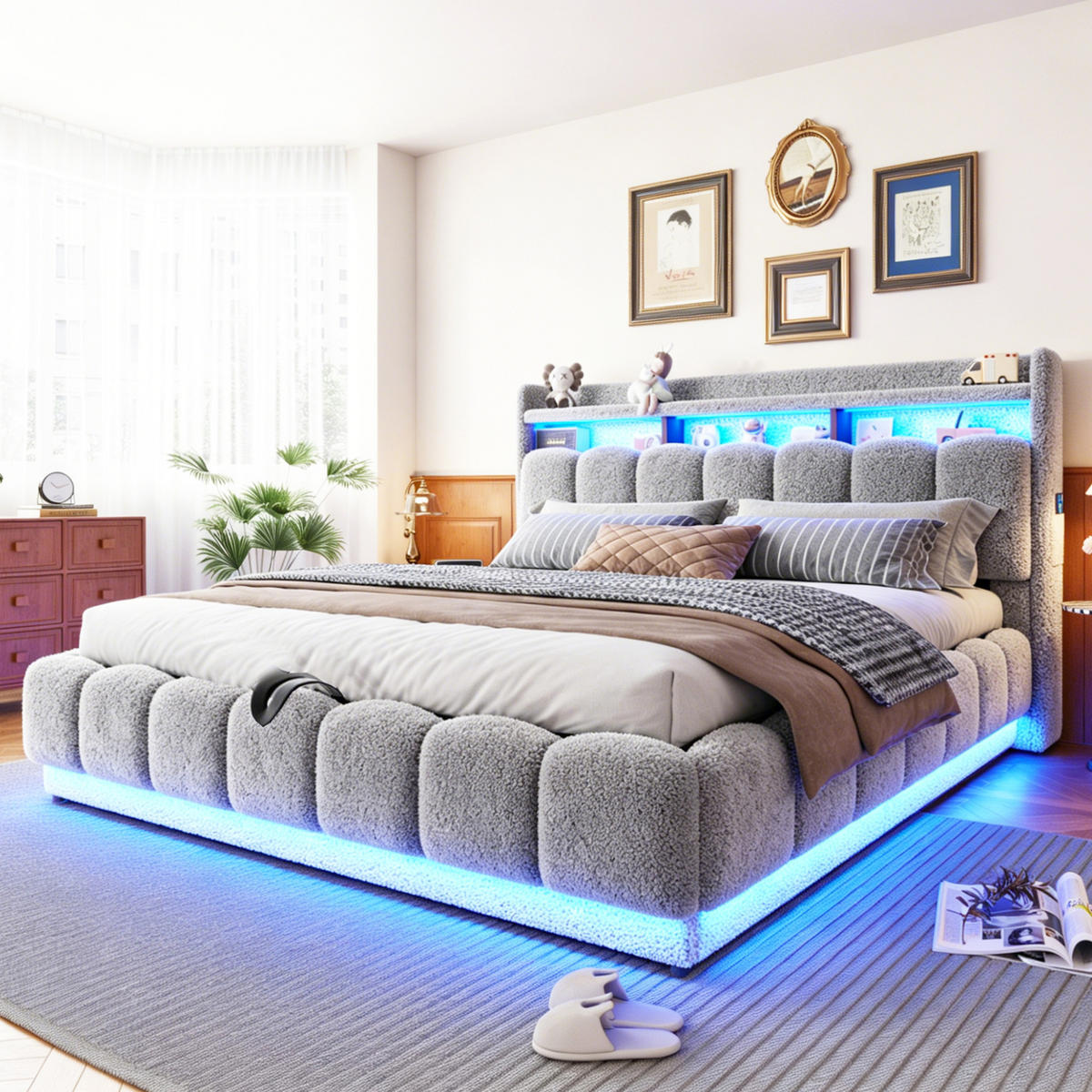 POLSTERBETT 180/200 cm aus Stoff und Metall mit LED-Lichtleiste, USB-Anschluss, Grau - Grau, Textil (180/200cm) - OKMYHOME