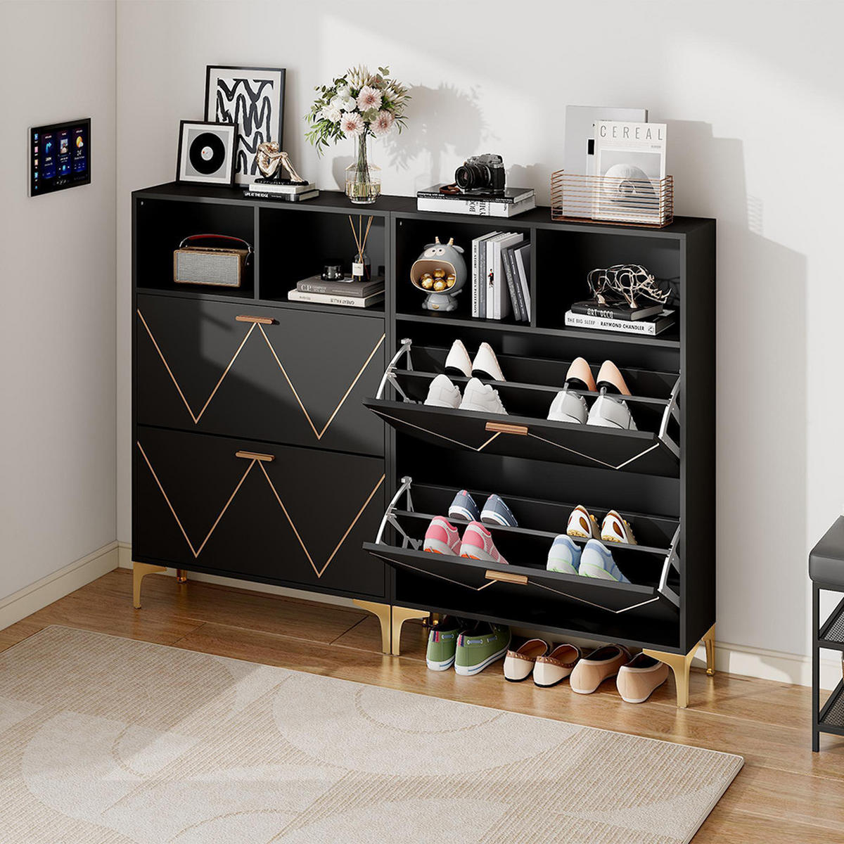 SCHUHSCHRANK in 80 x 25 x 117 cm mit 4 unteren Klapptüren, MDF+Metall - Schwarz, Holzwerkstoff (25/117/80cm) - KOMHTOM