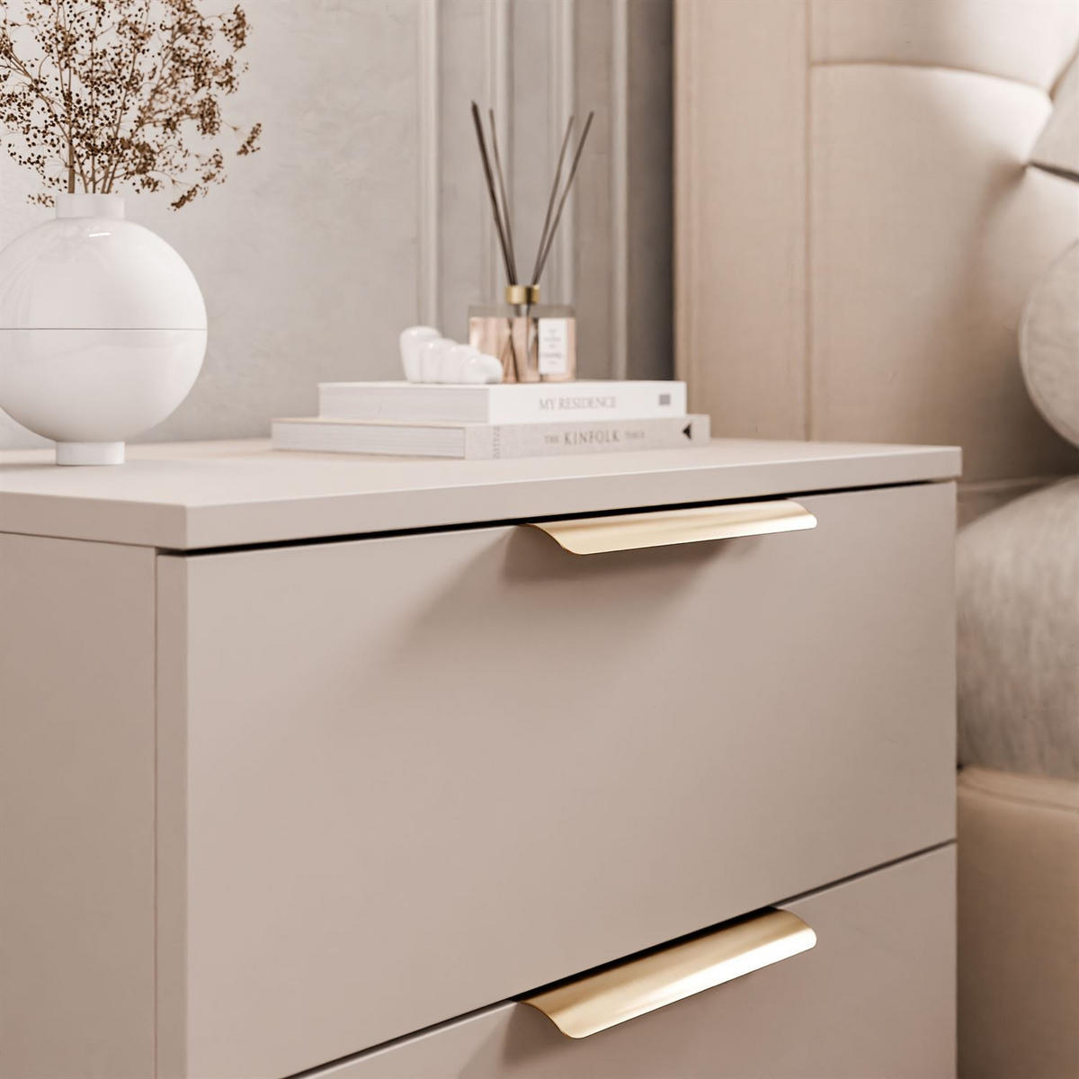 NACHTKOMMODE LINA KASCHMIR 2S LED auf Sockel goldener Chromgriff - Kaschmir, Holzwerkstoff (55/50/37cm) - Lookway