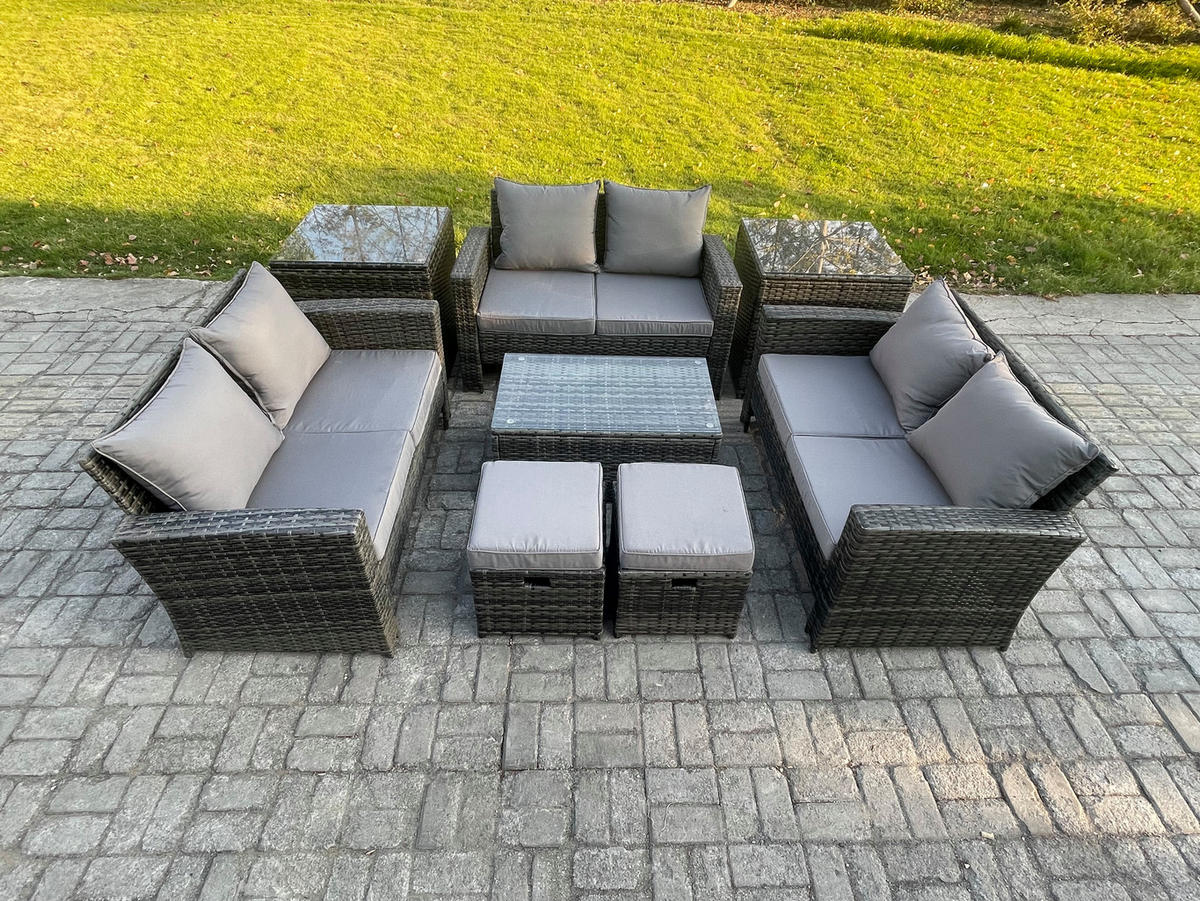 GARTENMÖBEL-SET MIT 2 BEISTELLTISCHE 2 KLEINE HOCKER LIEBESSITZ-SOFA Polyrattan Dunkelgrau Gemischt 8-Sitzer - Dunkelgrau, Metall - Fimous