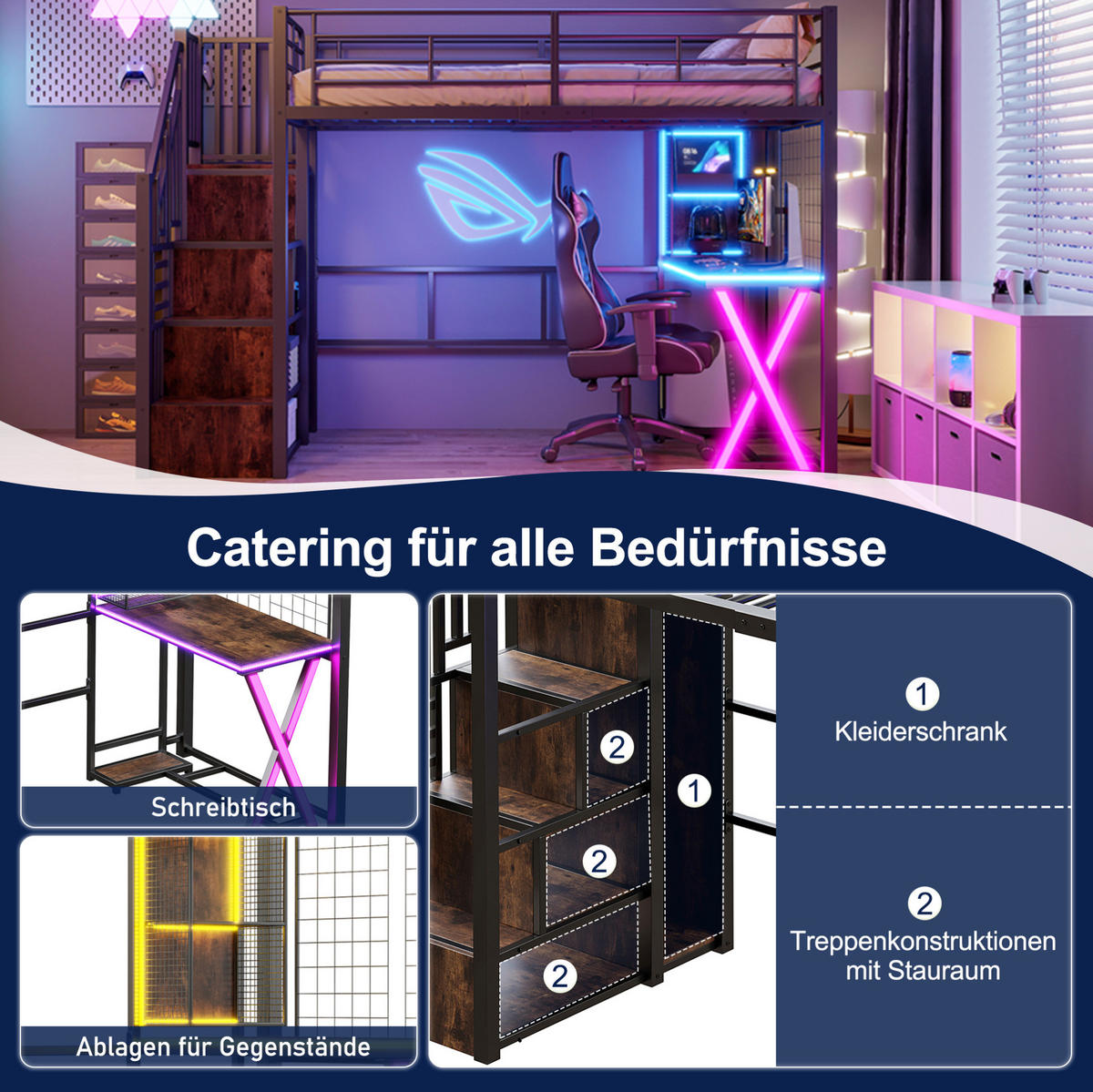 HOCHBETT 90/200 cm Schwarz mit LED-Ambientelicht, Ablageleiter, Schreibtisch, Kleiderschrank und Regalen - Schwarz, Metall (90/200cm) - OKMYHOME