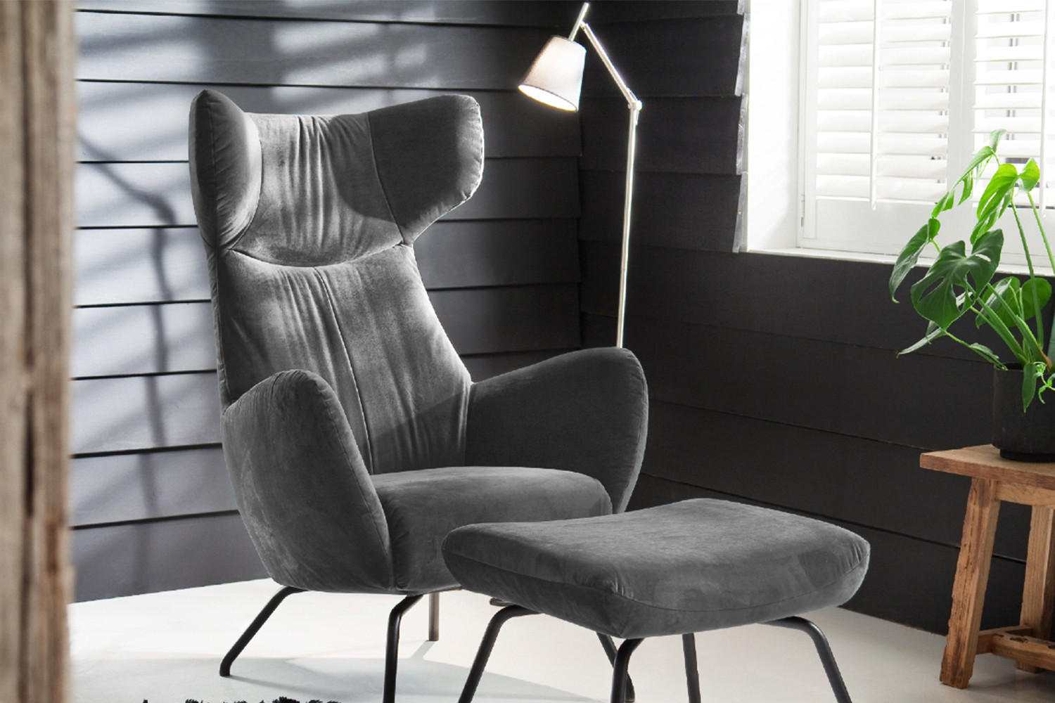 SESSEL MIT HOCKER LOTTE Grau Velvet - Schwarz/Grau, Textil (79/117/82cm) - KAWOLA