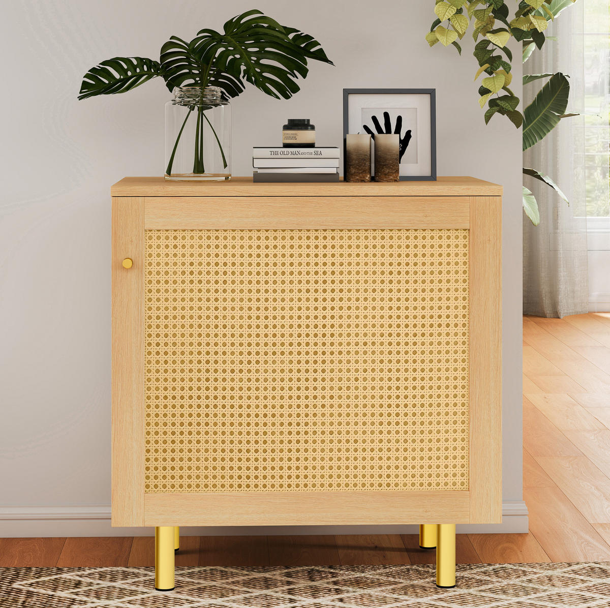 SIDEBOARD 60/40/63 cm in Natur mit Rattantür und goldfarbenen Metallbeinen - Naturfarben, Holzwerkstoff (60/63/40cm) - Flora Grace