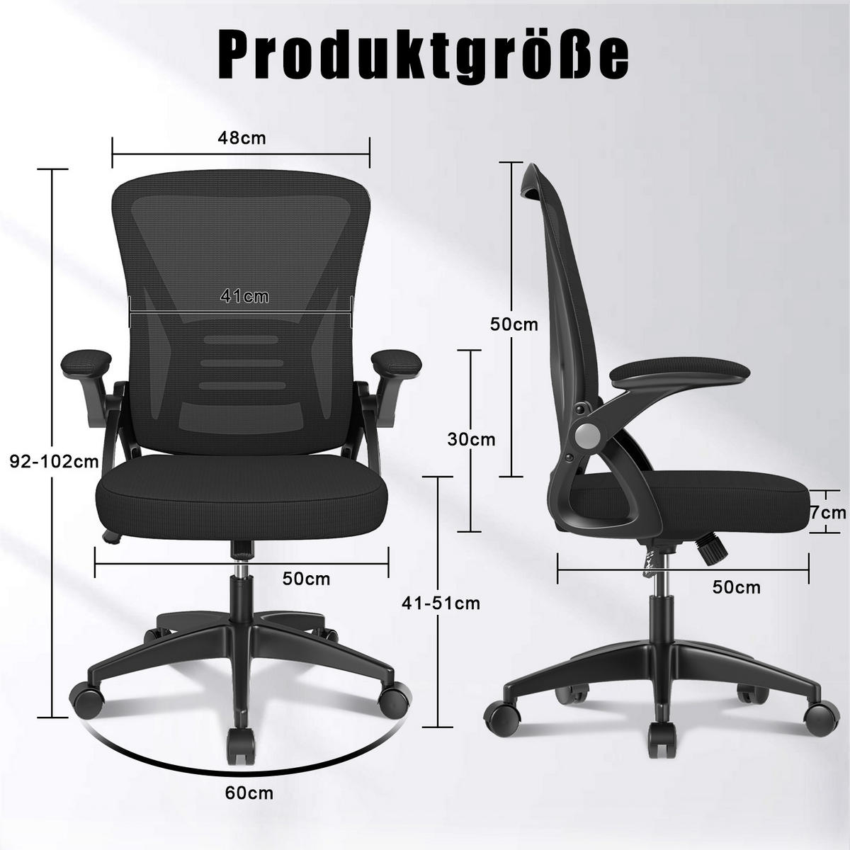 BÜRODREHSTUHL ergonomisch, mittelhohe Rückenlehne, klappbare Armlehnen – Schwarz - Schwarz, Metall (50/102/50cm) - Rattantree