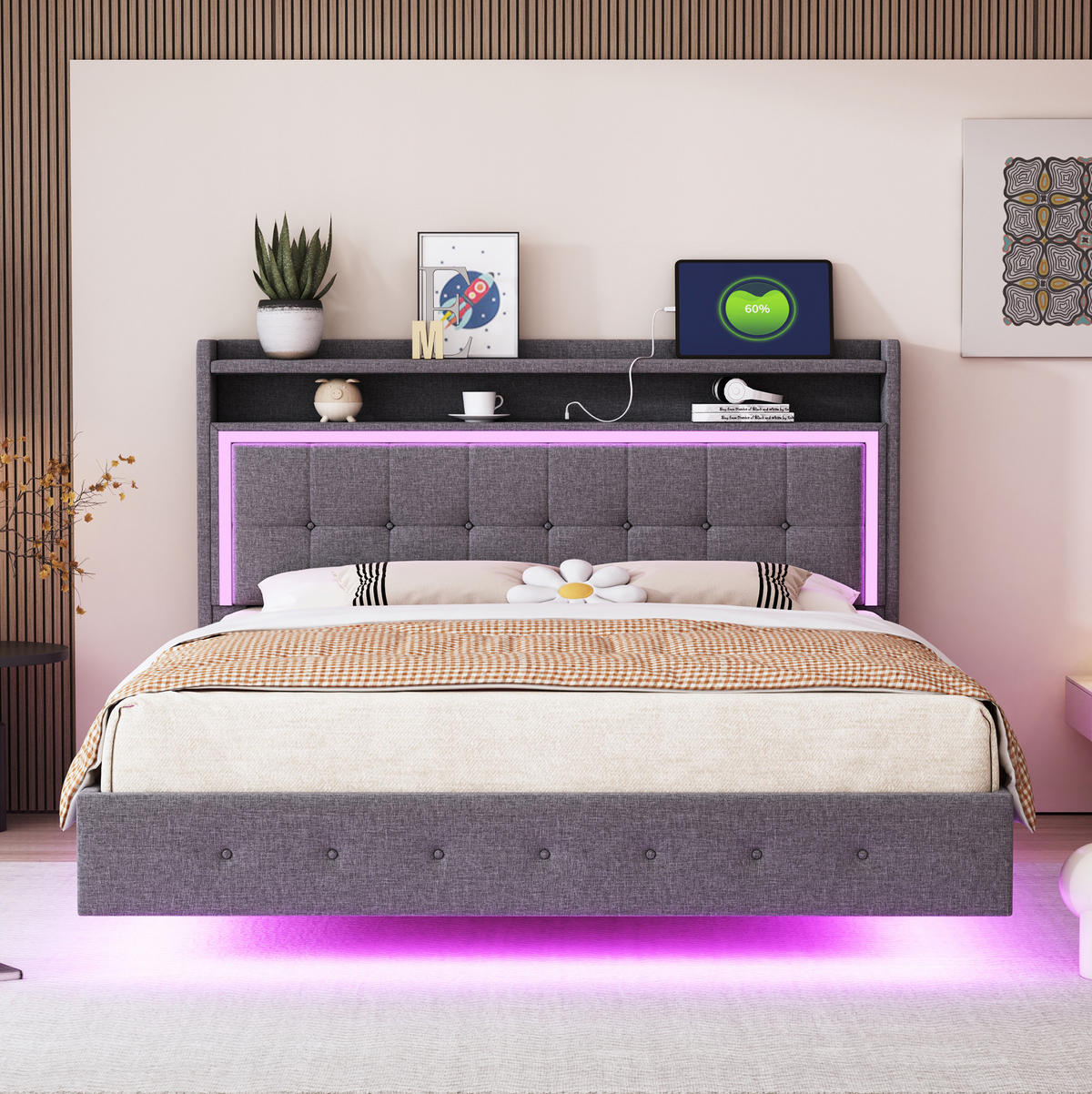 POLSTERBETT 140/200 cm grau aus Stoff mit USB-Steckdose und LED - Grau, Textil (140/200cm) - OKMYHOME