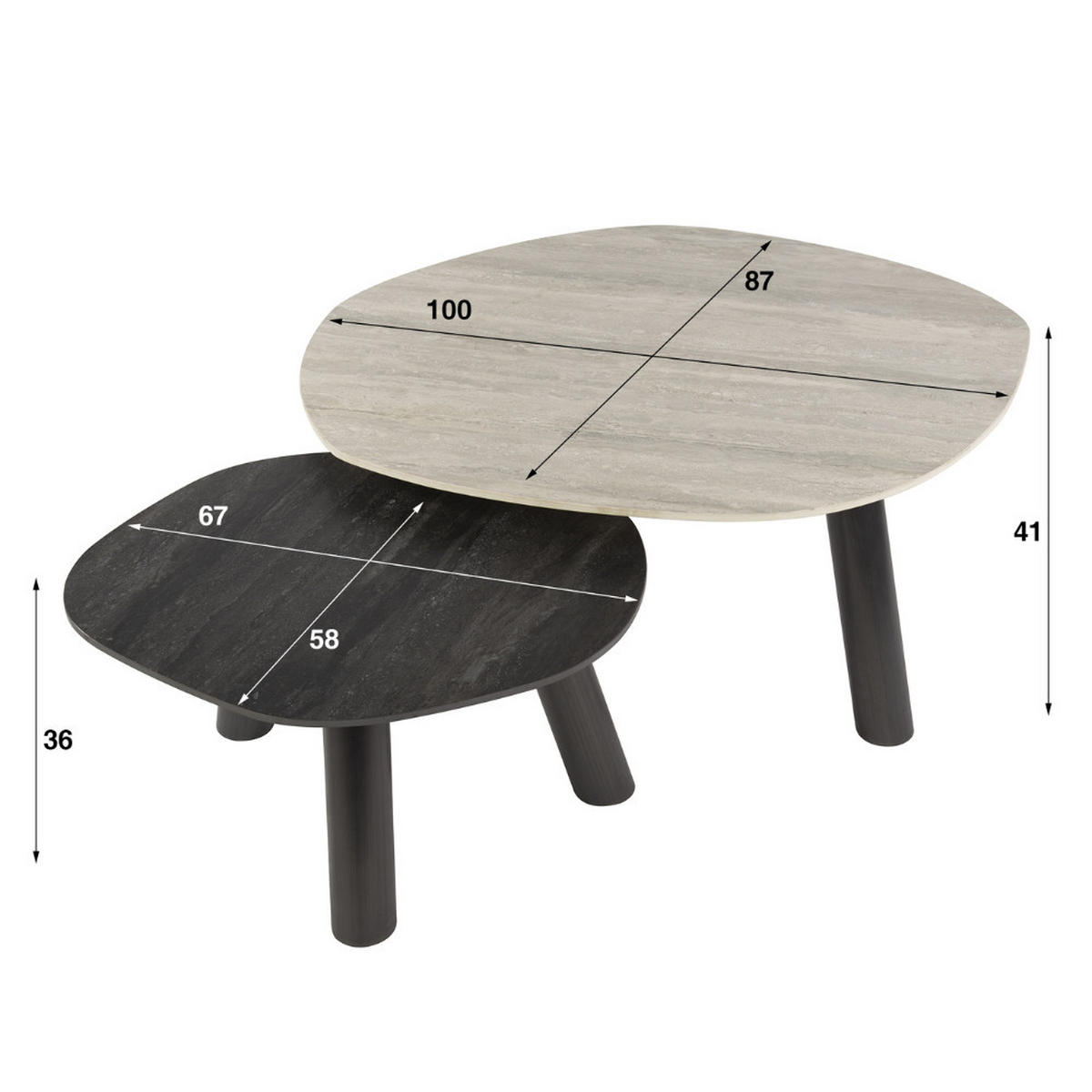 COUCHTISCH-SET TWIN BICOLORE GRANDE Organische Log-Satztische - Anthrazit/Beige, Keramik (87/100/41cm) - alesvelt