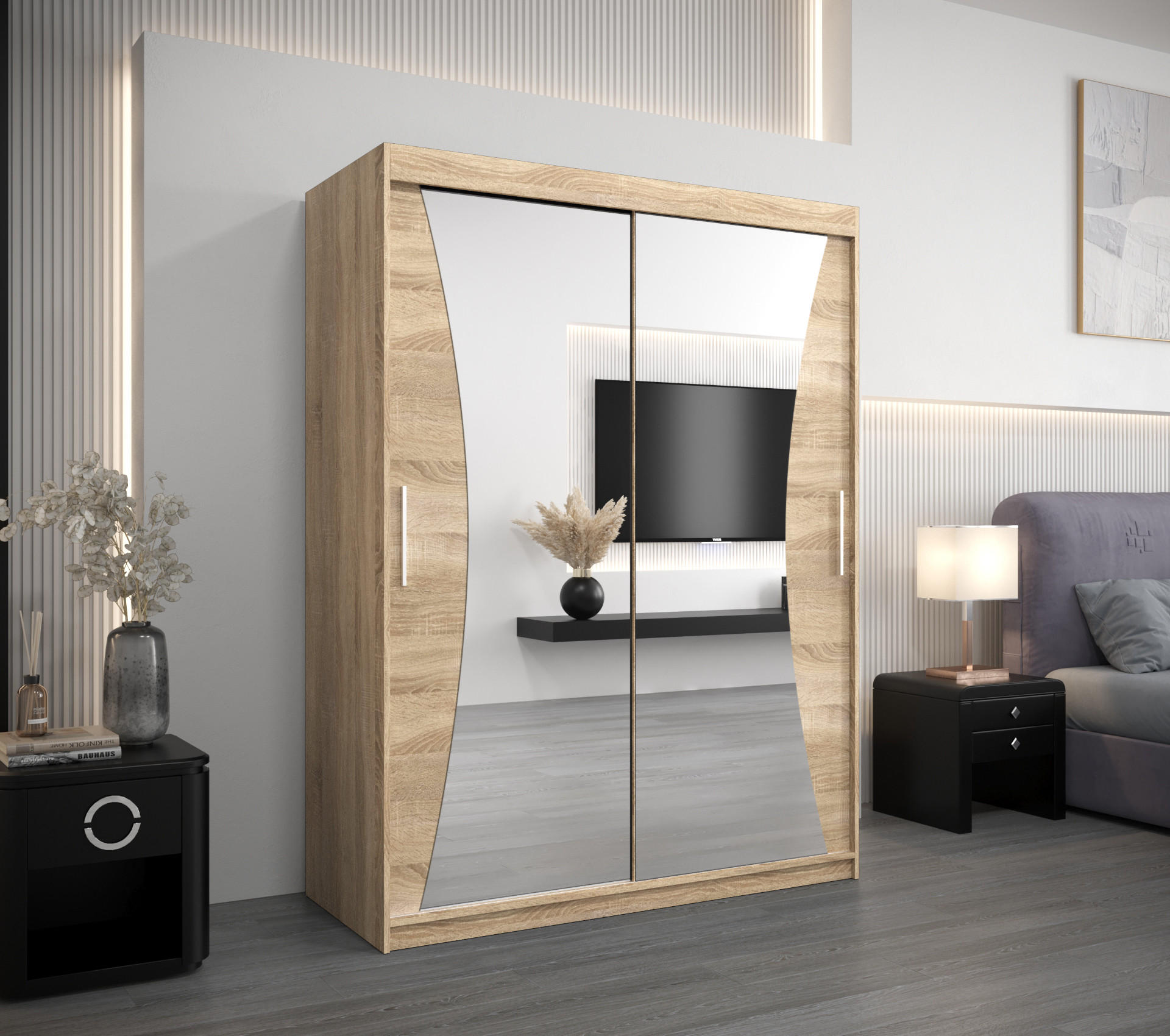 SCHWEBETÜRENSCHRANK 200/150/62 2-türig - Silberfarben/Sonoma Eiche, Holz/Kunststoff (150/200/62cm) - Abiks Möbel