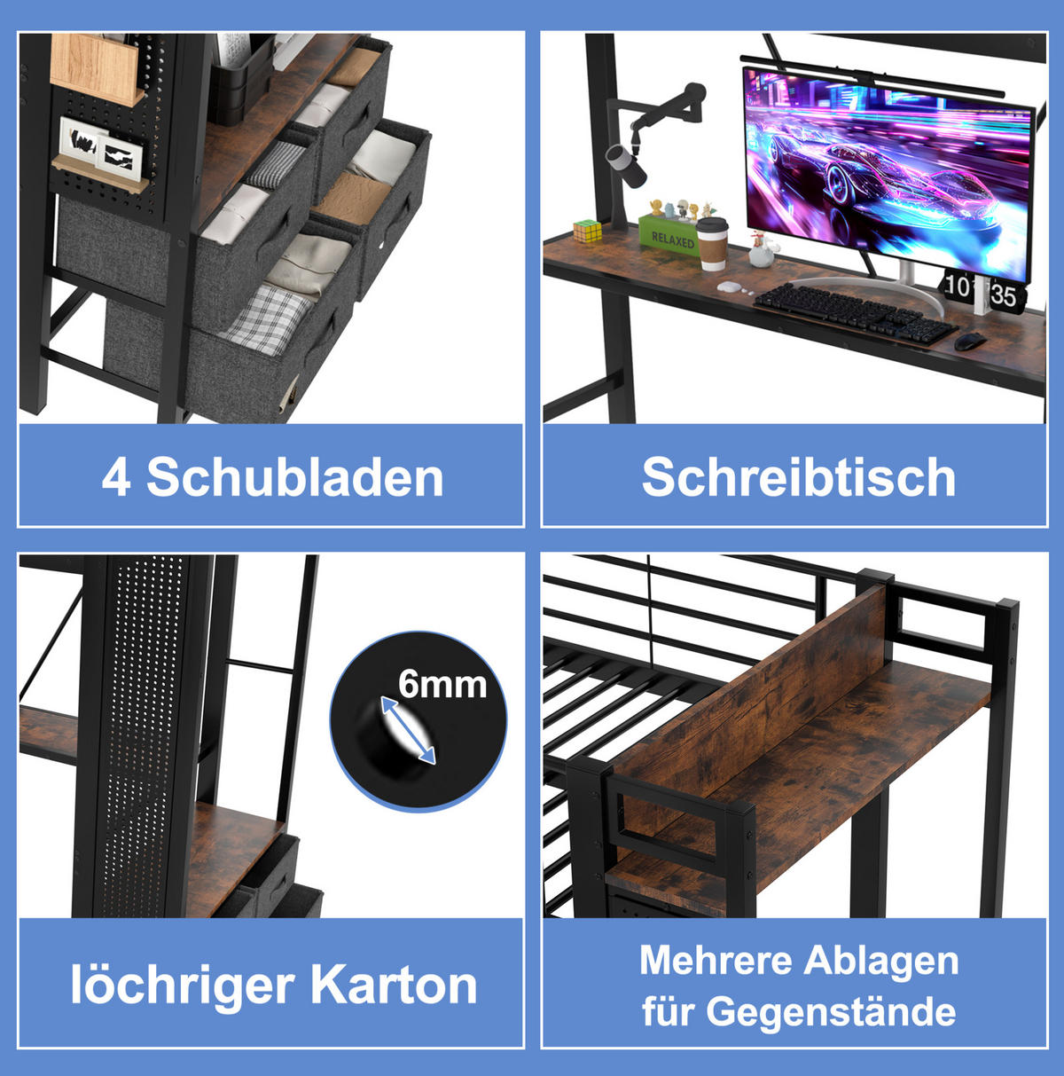 HOCHBETT mit Schreibtisch 90/200 cm in Schwarz – mit Stauraum, LED und Leiter - Schwarz, Metall (90/200cm) - BEAOK