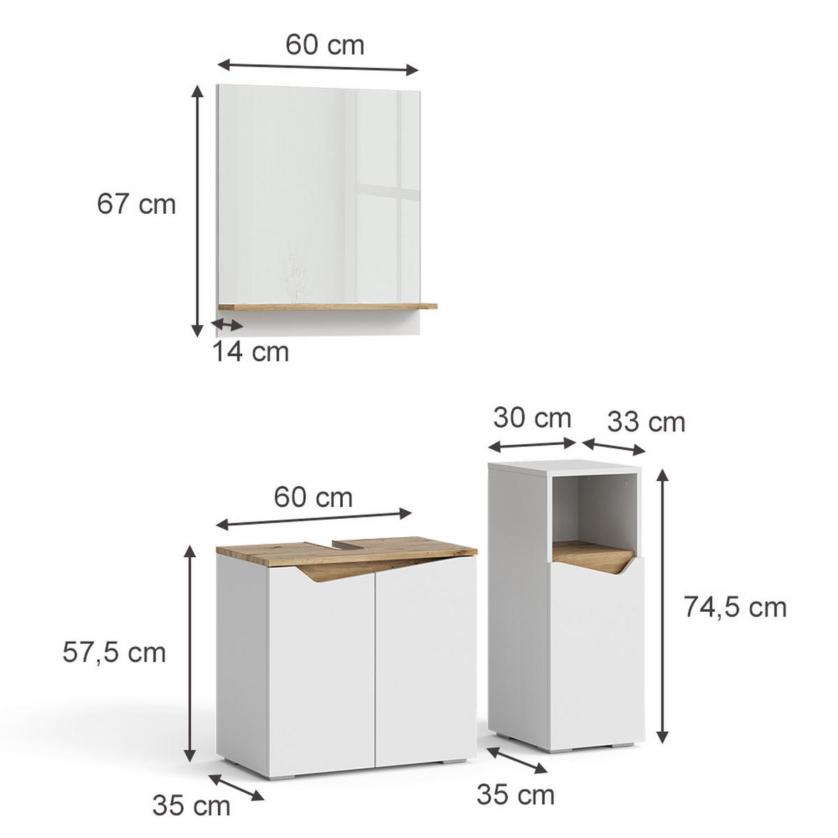 BADMÖBEL-KOMBINATION Marelle Weiß 3 Teile, mit Midischrank - Weiß/Eiche Artisan, Holzwerkstoff (60/57/35cm) - Vicco