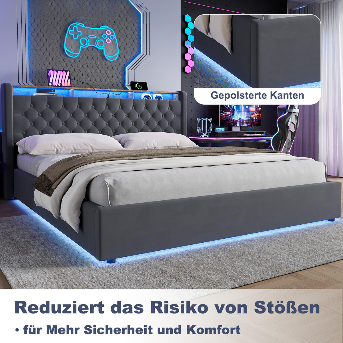 POLSTERBETT 180x200 mit Bettkasten & LED Beleuchtung,mit klappbarem Kopfteil,Grau - Grau, Holzwerkstoff/Textil (180/200cm) - EVRYAE