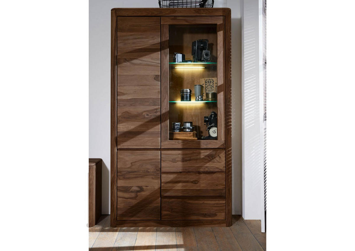 VITRINE Sheesham 109x40x202 rot-braun gebeizt TORONTO #111 - Dunkelbraun, Holz (109/202/40cm) - Massivmoebel24