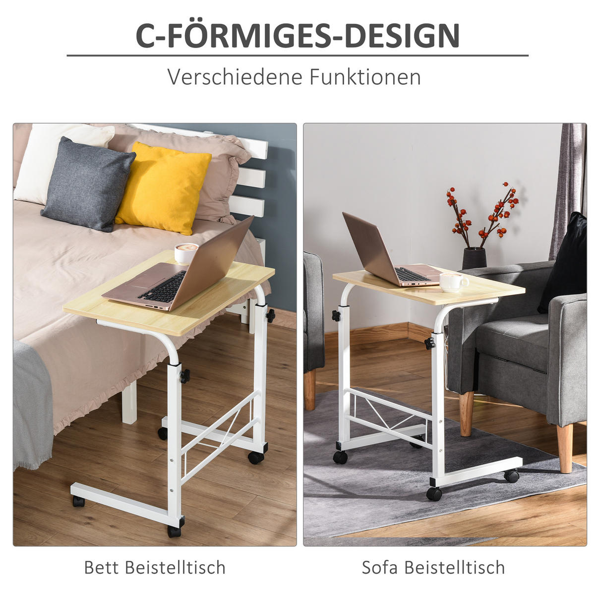 BEISTELLTISCH höhenverstellbar 60 x 40 cm mit Rollen Maple - Weiß, Metall (60/40/78cm) - Meubliv