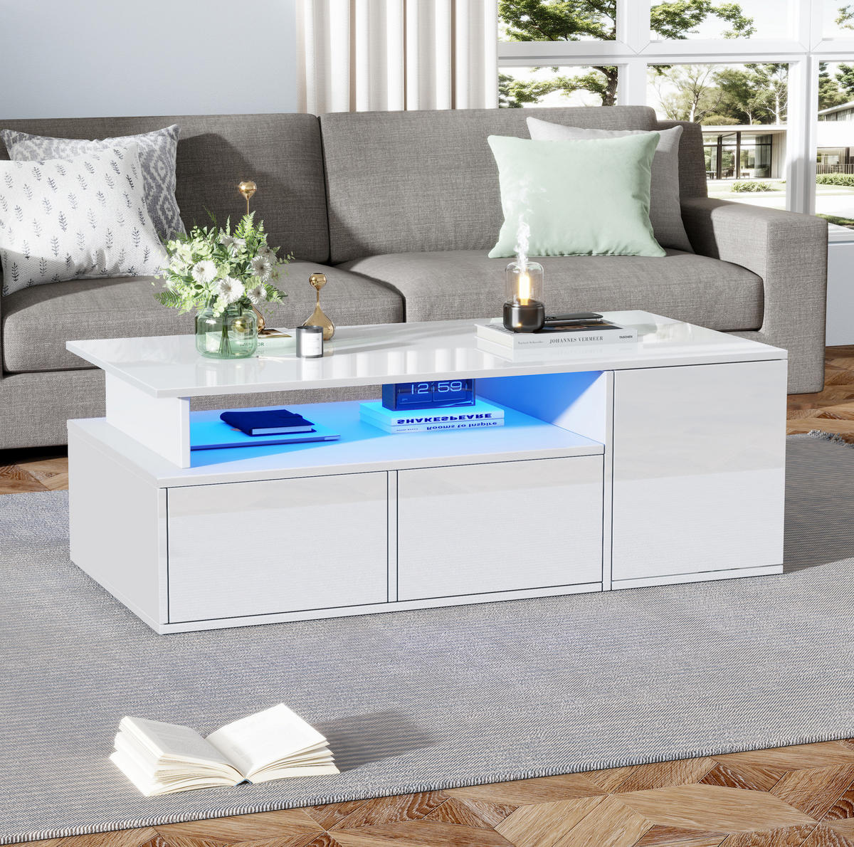 COUCHTISCH 100/50/35 cm weiß aus Spanplatte mit LED und 2 Schubladen - Weiß, Holzwerkstoff (100/50/35cm) - OKMYHOME