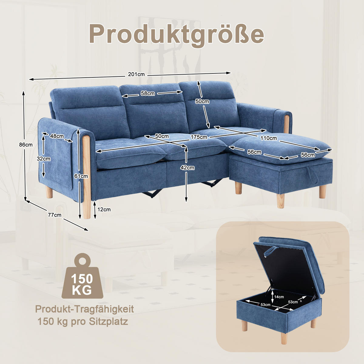 ECKSOFA DE-33940 mit Stauraumhocker und Seitentaschen Blau - Blau, Holz (77/201cm) - ComfortXL