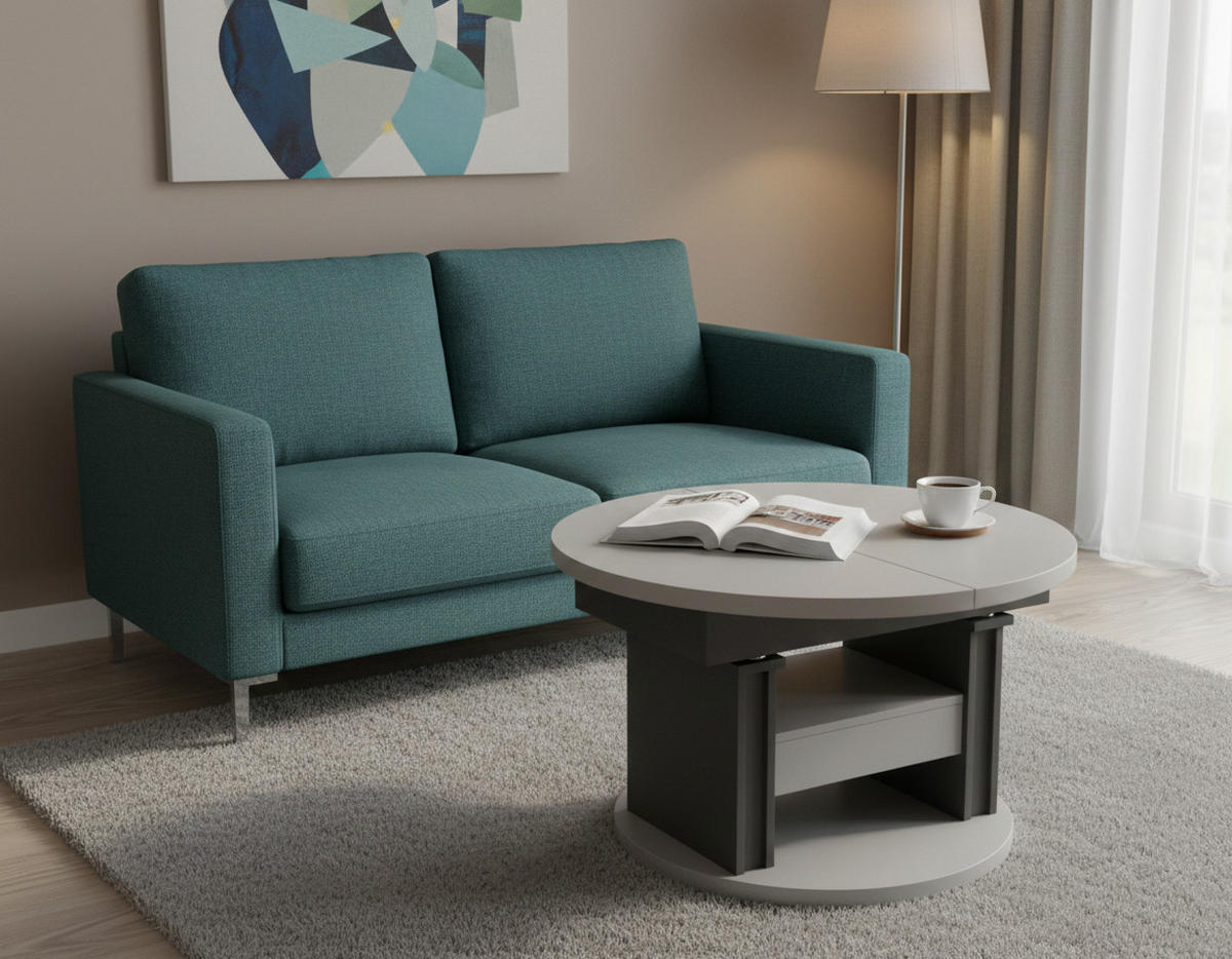 COUCHTISCH rund ausziehbar höhenverstellbar Schubalde 100/100/60 cm - Anthrazit/Beige, Holzwerkstoff (100/100/60cm) - designimpex