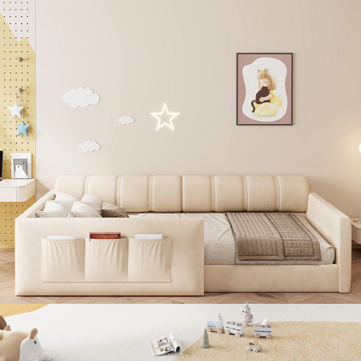 POLSTERBETT 90/200 cm in Beige Samt mit Kopfteil und Staufächern - Beige, Holzwerkstoff/Textil (90/200cm) - WISHDOR