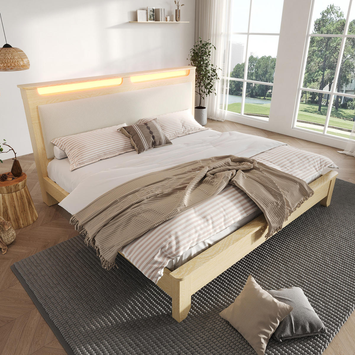 BETT 160/200 cm mit LED-Kopfteilablage & Stauraum, Cord-Polsterkopfteil, Beige/Eiche - Beige, Textil (160/200cm) - Redom
