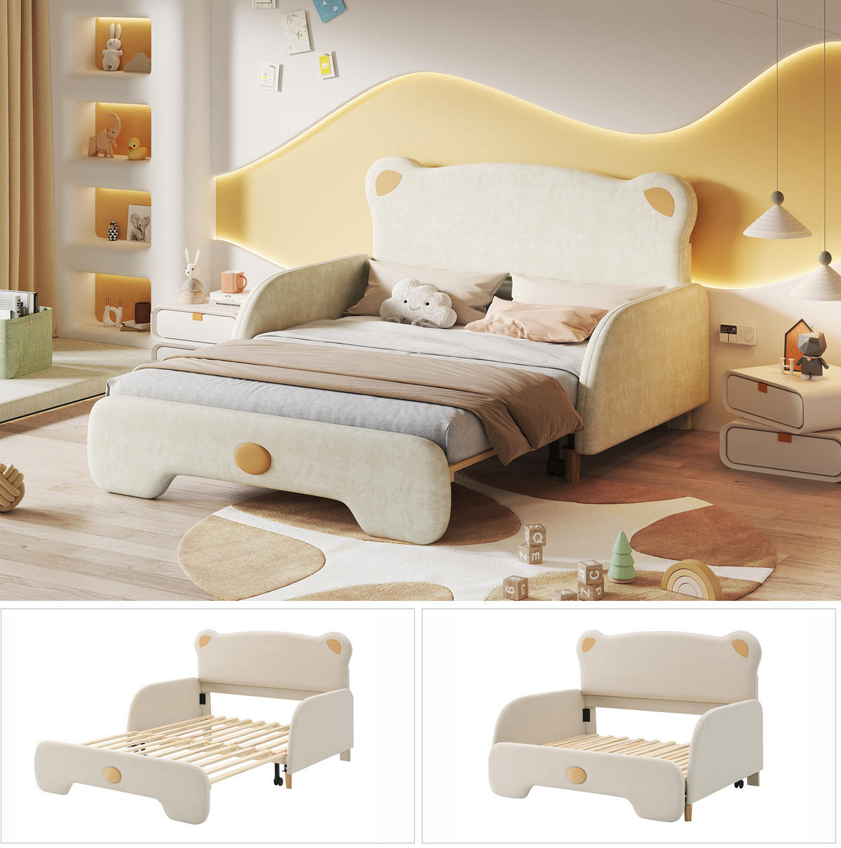 POLSTERBETT 140/200 cm beige aus Samt mit Ausziehbett - Beige, Textil (140/200cm) - OKWISH