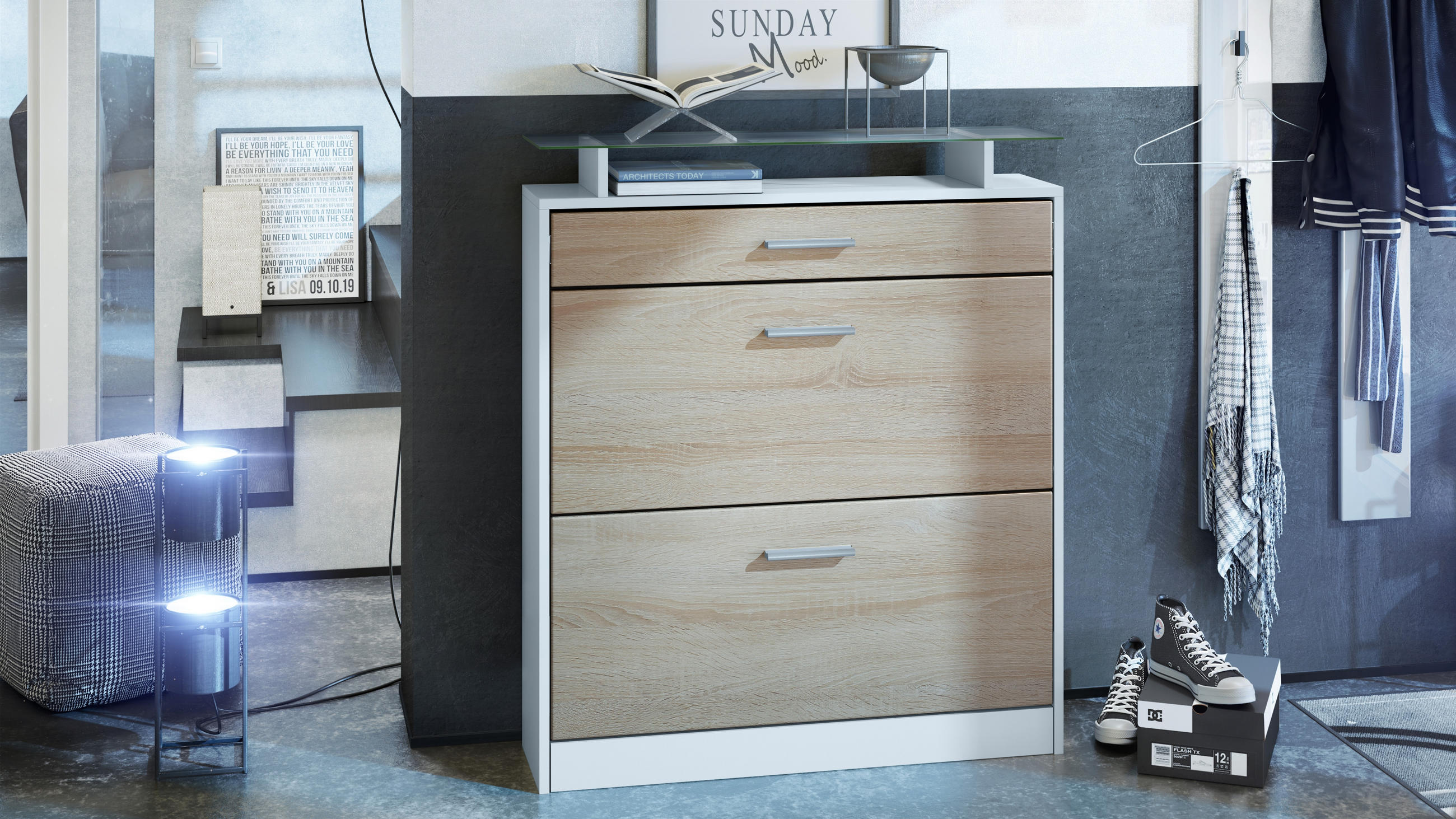 SCHUHSCHRANK Loret Front in Eiche sägerau - Eiche San Remo, Holzwerkstoff (89/104/23cm) - Vladon