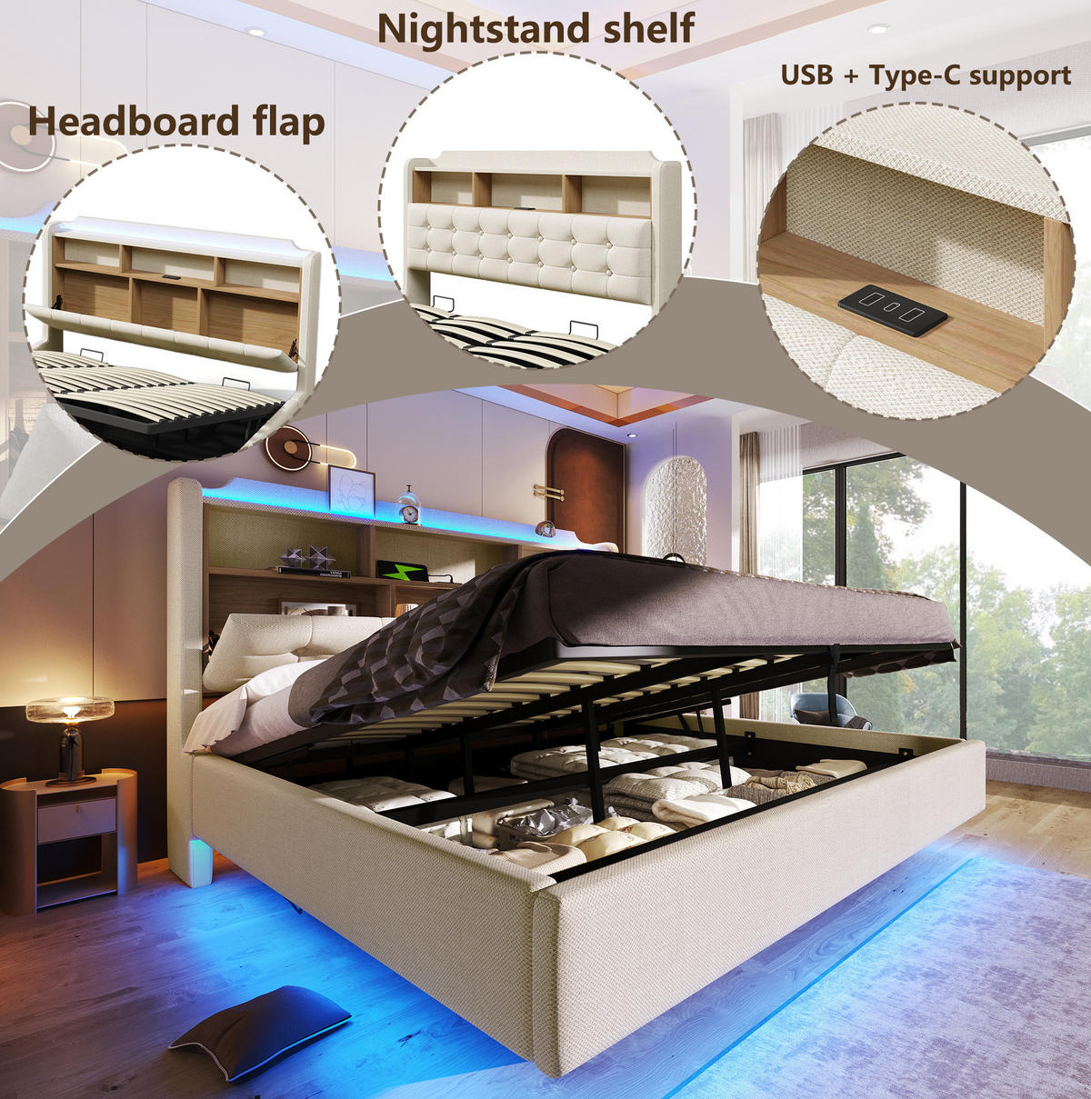 POLSTERBETT 180/200 cm aus Leinen und MDF mit LED und Stauraum, Beige - Beige, Textil (180/200cm) - OKMYHOME
