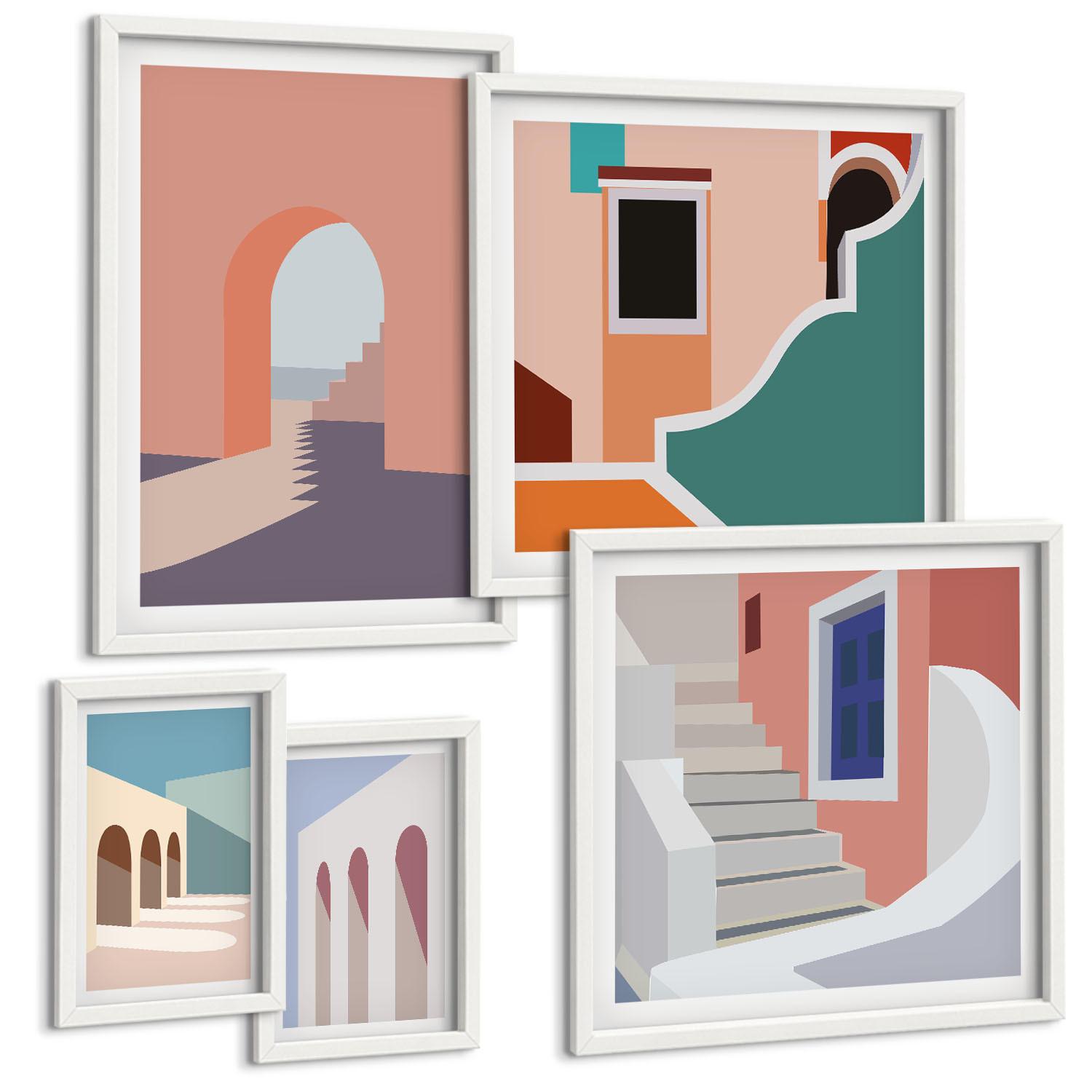 BILDER SET 5er Set - 50x50 cm & 20x30 cm & 40x60 cm Weißer Rahmen - Minimalistische Pastellgrafiken - Weiß, Kunststoff (40/60cm) - TULUP