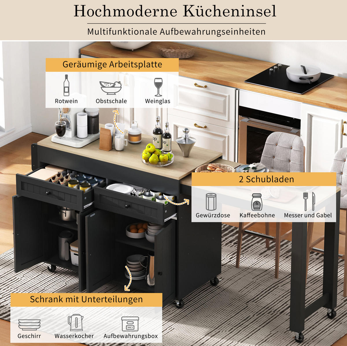KÜCHENINSEL 112-180,5/45/92,2 cm mit ausziehbarer Arbeitsplatte und Rollen, MDF, Schwarz/Natur - Schwarz, Holzwerkstoff (180.5/92.2/45cm) - Redom