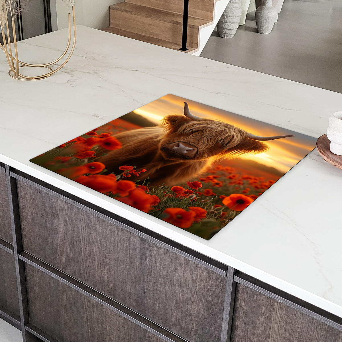 HERDABDECKPLATTE Schottische Highlander - Rosen - Blumenfeld - Sonnenuntergang Induktionsmatte 78x78 cm - Rotbraun, Kunststoff (78/78/0.2cm) - MuchoWow