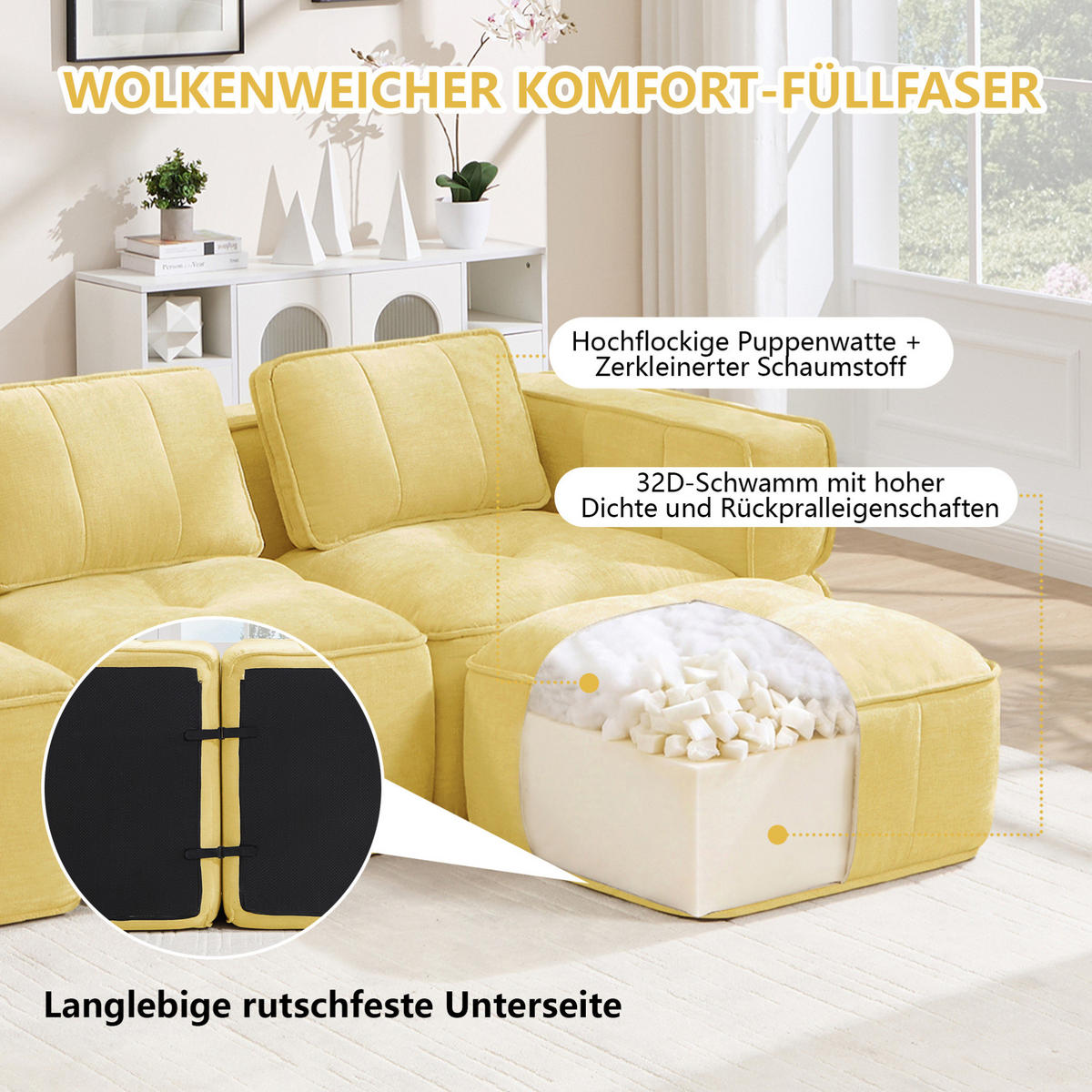 SOFA 198/93/67 cm in Gelb, modular, rahmenlos und mit tiefer Sitzfläche - Gelb, Kunststoff (93/67/198cm) - Flora Grace