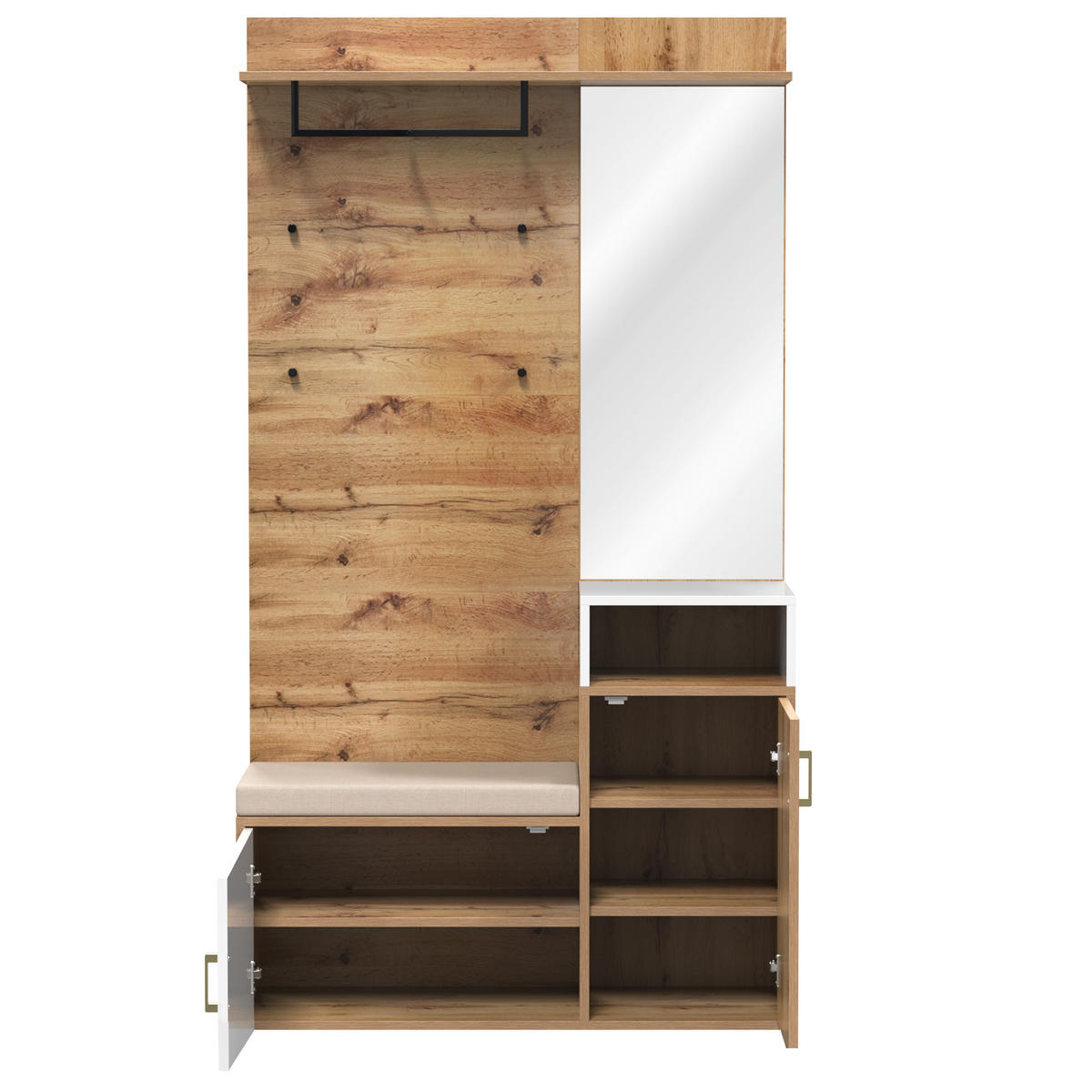 SCHUHSCHRANK aus MDF & Spanplatte 105x40x190,5cm in Weiß & Holz mit Spiegel - Weiß, Holzwerkstoff (105/190.5/40cm) - Modfu