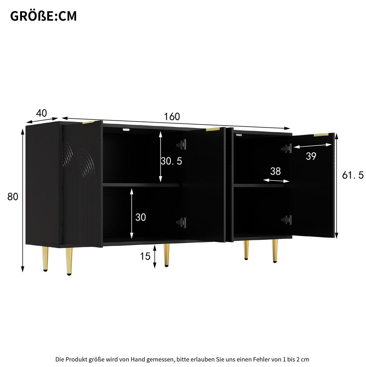 SIDEBOARD aus MDF und Spanplatte 160x40x80 cm Schwarz mit 4 Türen, verstellbaren Einlegeböden und Sanftschließfunktion - Schwarz, Holzwerkstoff (160/80/40cm) - Modfu