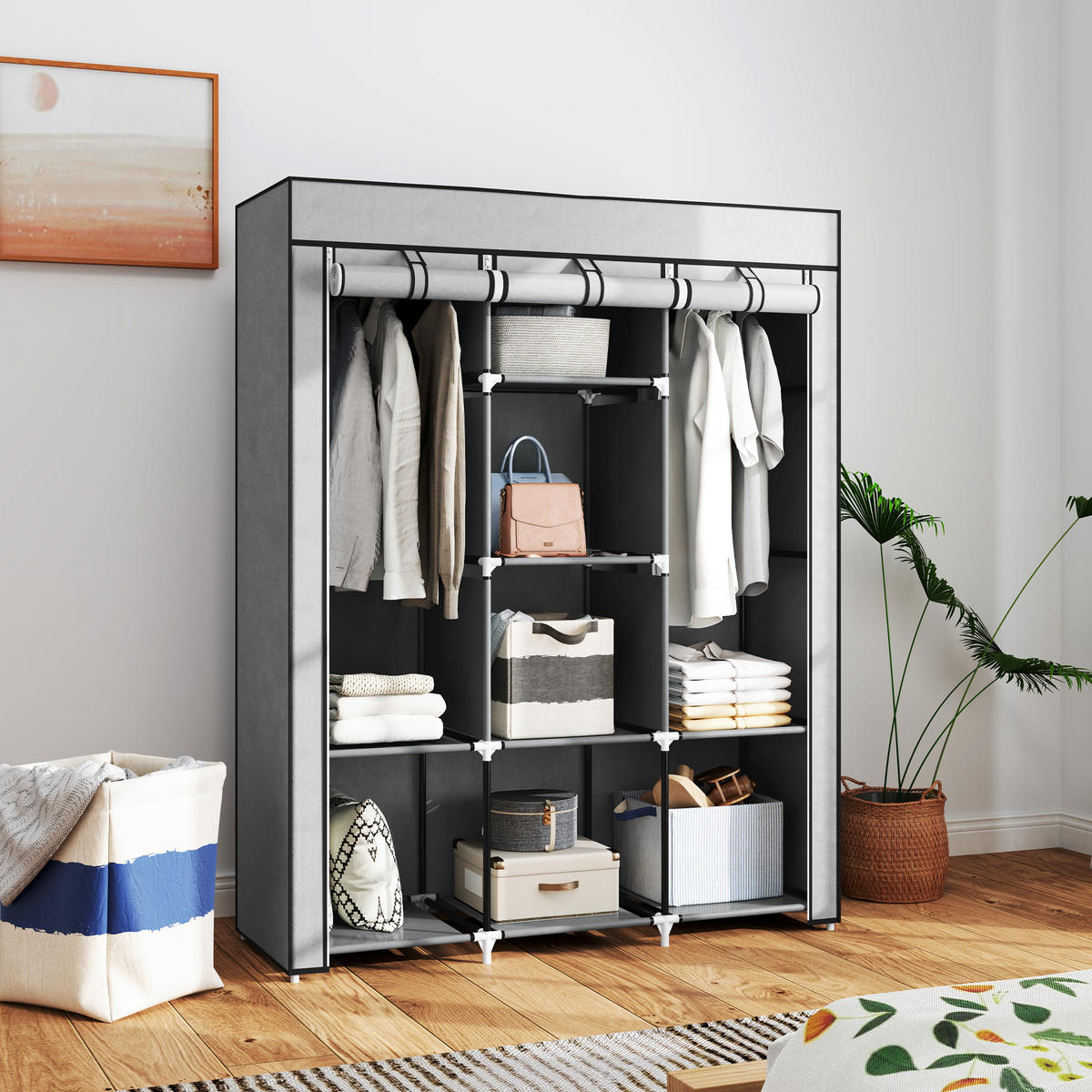 STOFFSCHRANK DE-17220 8 Böden & 2 Kleiderstangen Hellgrau - Hellgrau, Metall (43/162.5/125cm) - ComfortXL