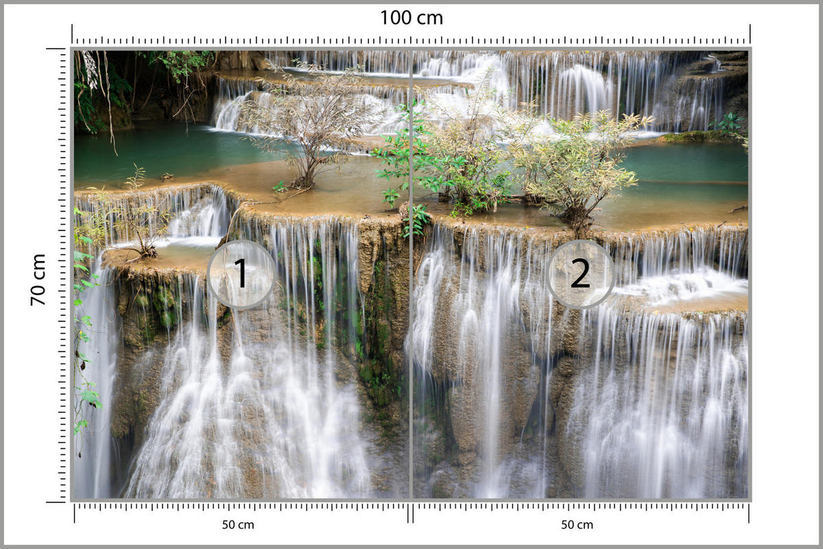 FOTOTAPETE für Wohnzimmer Wasserfall Panorama Pflanzen Natur 100x70 - Blau/Beige, Papier (100/70cm) - Muralo