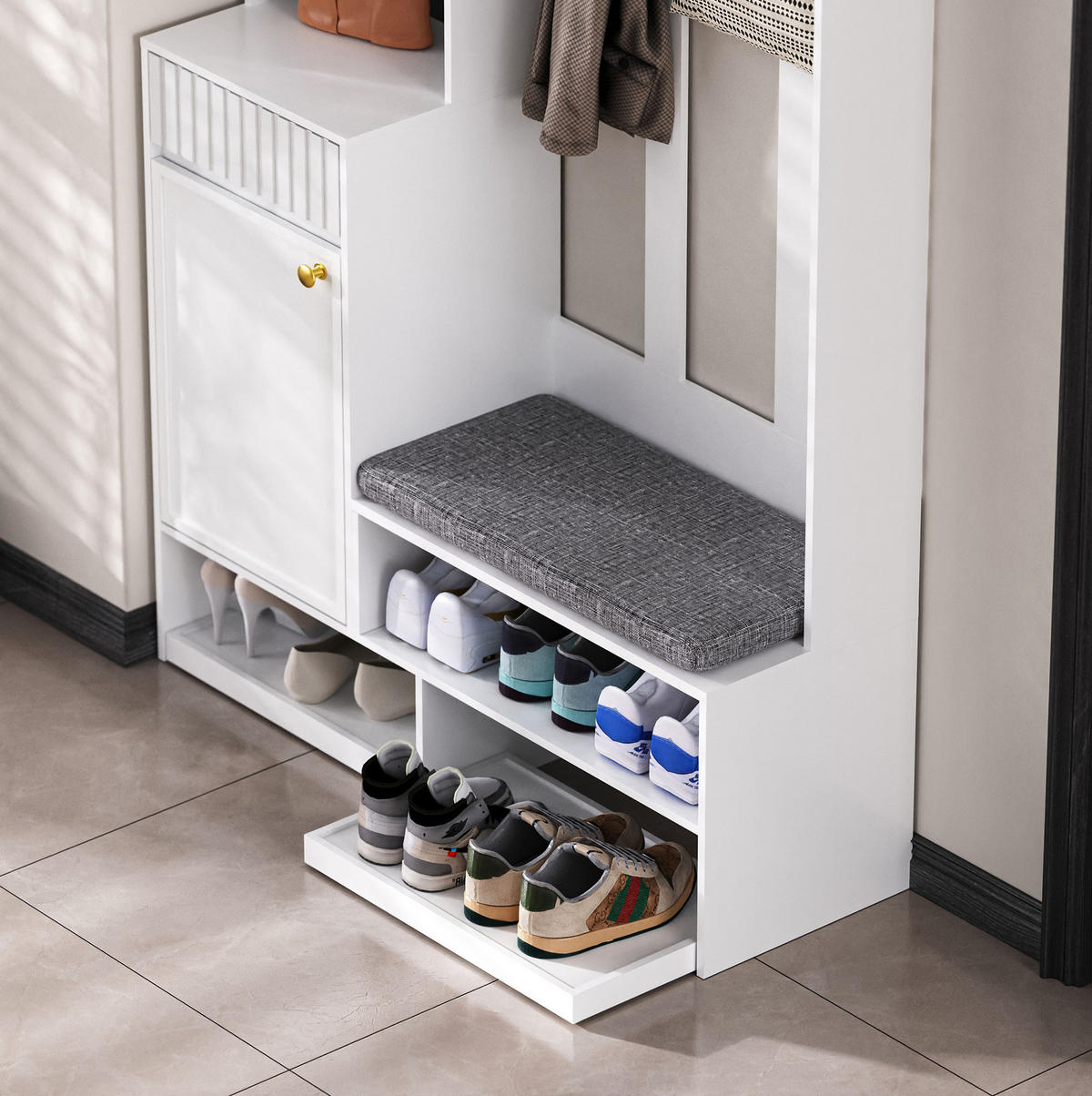 GARDEROBENSET 35/100/180 cm mit Sitzbank, 4 Haken, Schubladen und Schrank aus MDF, Weiß - Weiß, Holzwerkstoff (100/180/35cm) - Redom