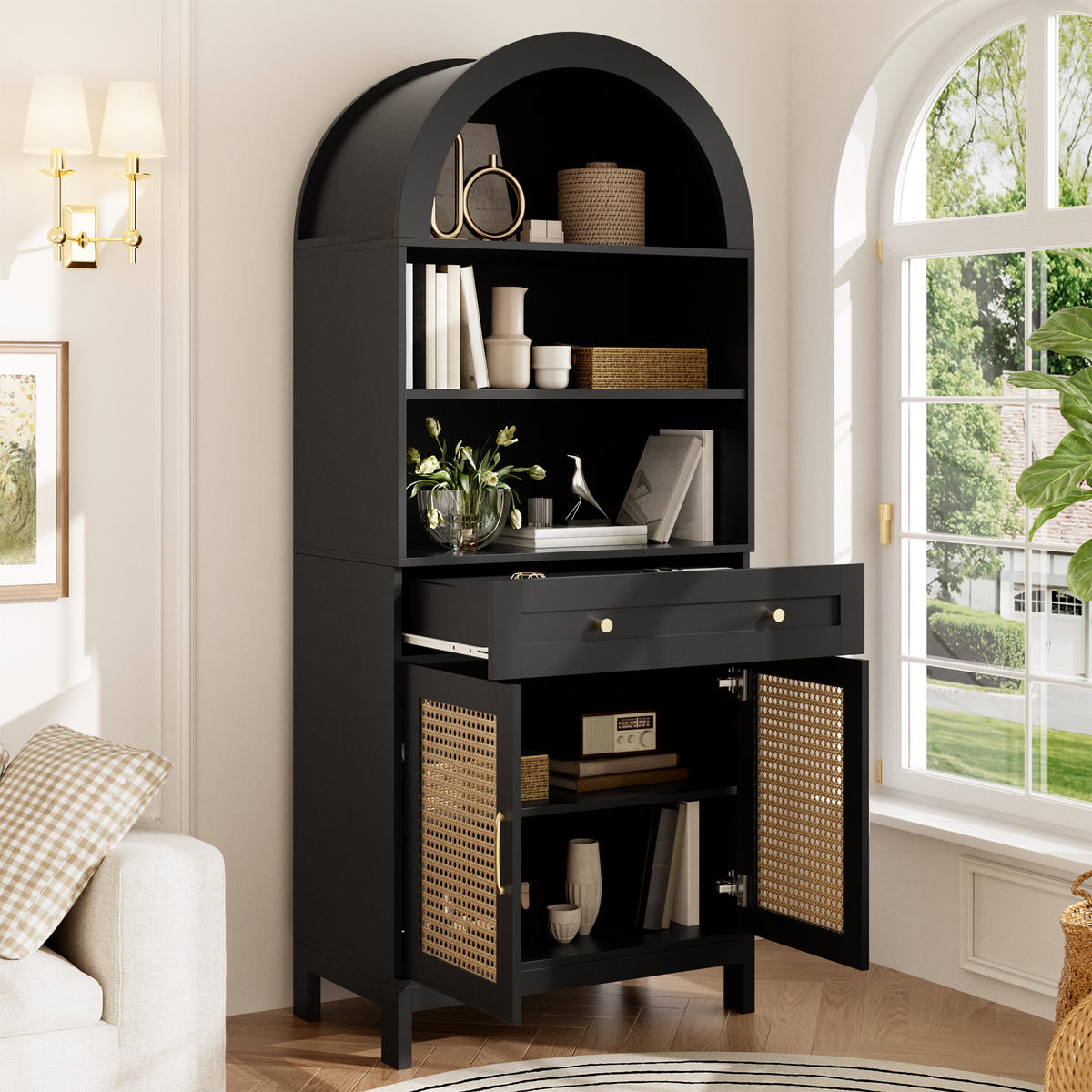 VITRINE DE-37960 mit Rattantüren und 3 Präsentationsfächern Schwarz - Schwarz, Holzwerkstoff (70/170/40cm) - ComfortXL