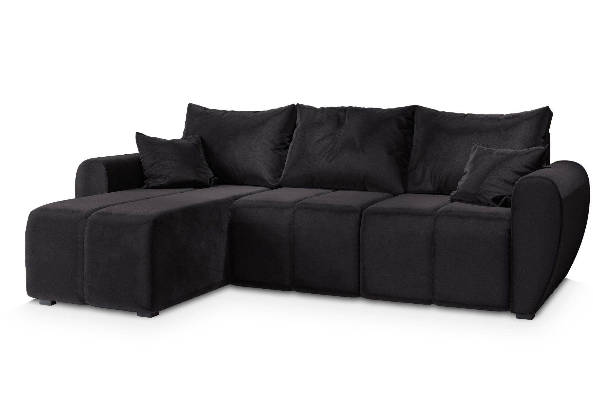 ECKSOFA MADISON Schwarz Plüsch-Stoff mit Schlaffunktion - Schwarz, Holz (246/143cm) - MASSENO