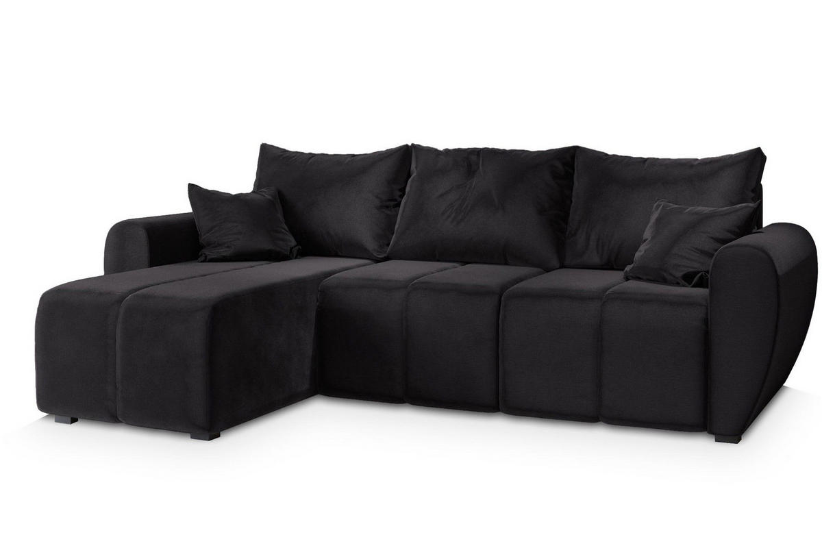 ECKSOFA MADISON Schwarz Plüsch-Stoff mit Schlaffunktion - Schwarz, Holz (246/143cm) - MASSENO