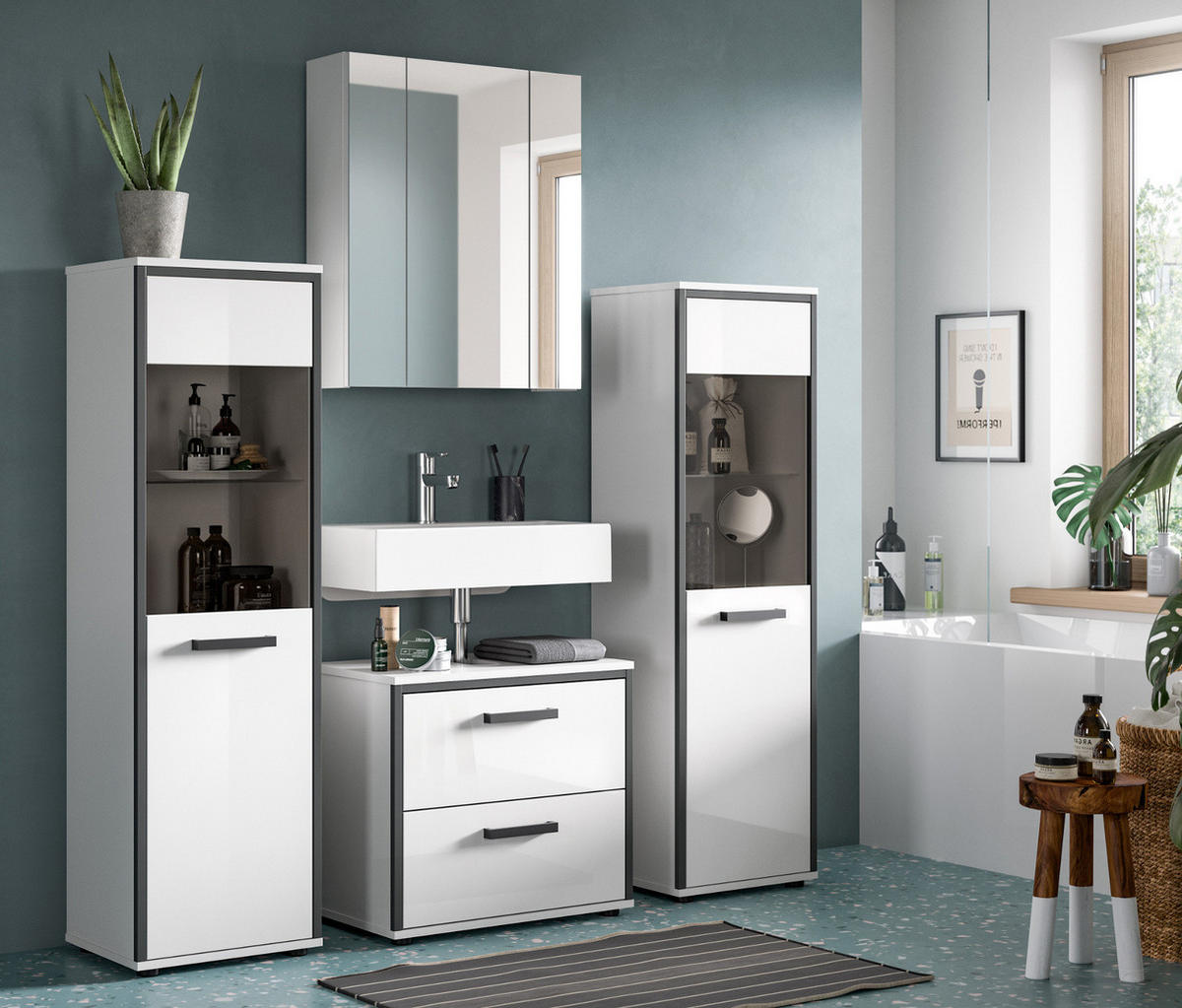 BADMÖBEL-SET 4-teilig 170 cm weiß Hochglanz, grau, Badezimmerschränke mit viel Stauraum - Weiß Hochglanz/Schwarz, Glas/Holzwerkstoff (170/190/37.5cm) - Inn.Furn