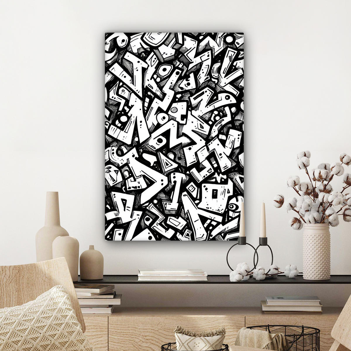 LEINWANDBILD Formen - Buchstaben - Graffiti - Schwarz Wanddeko Schlafzimmer 60x90 cm - Schwarz, Textil (60/90cm) - MuchoWow