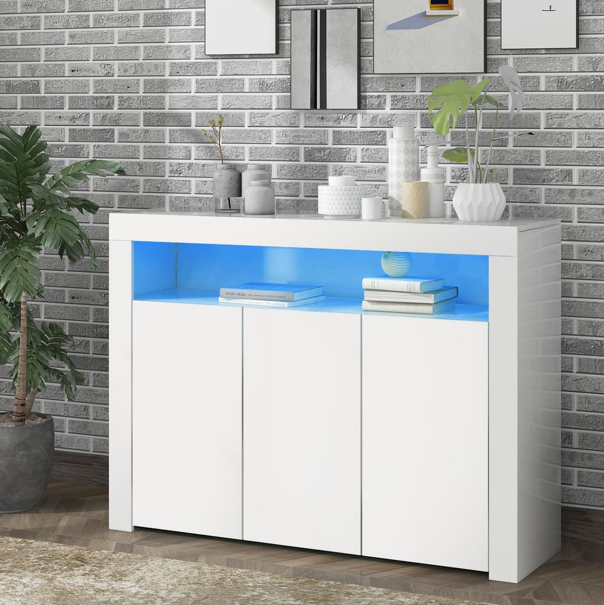 SIDEBOARD 130/35/95 cm Weiß aus Spanplatte mit LED-Beleuchtung - Weiß, Holzwerkstoff (130/95/35cm) - OKWISH