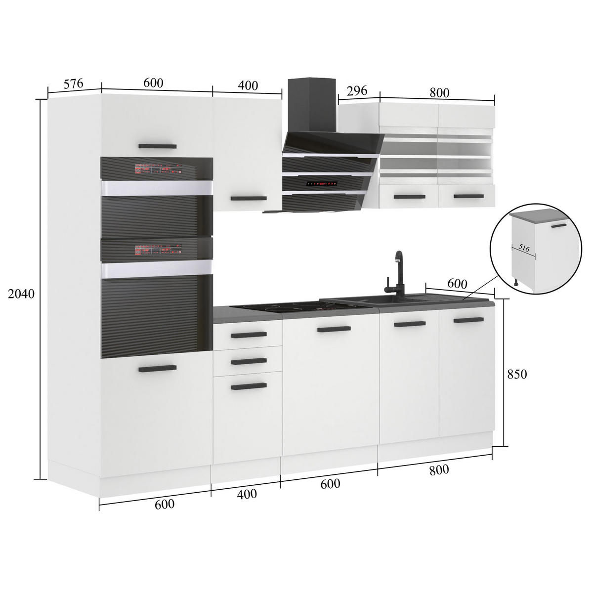 KÜCHENZEILE Tracy 240 cm, mit Arbeitsplatten, Silber matt - Dunkelgrau, Holz (240/204/60cm) - B BELINI GROUP