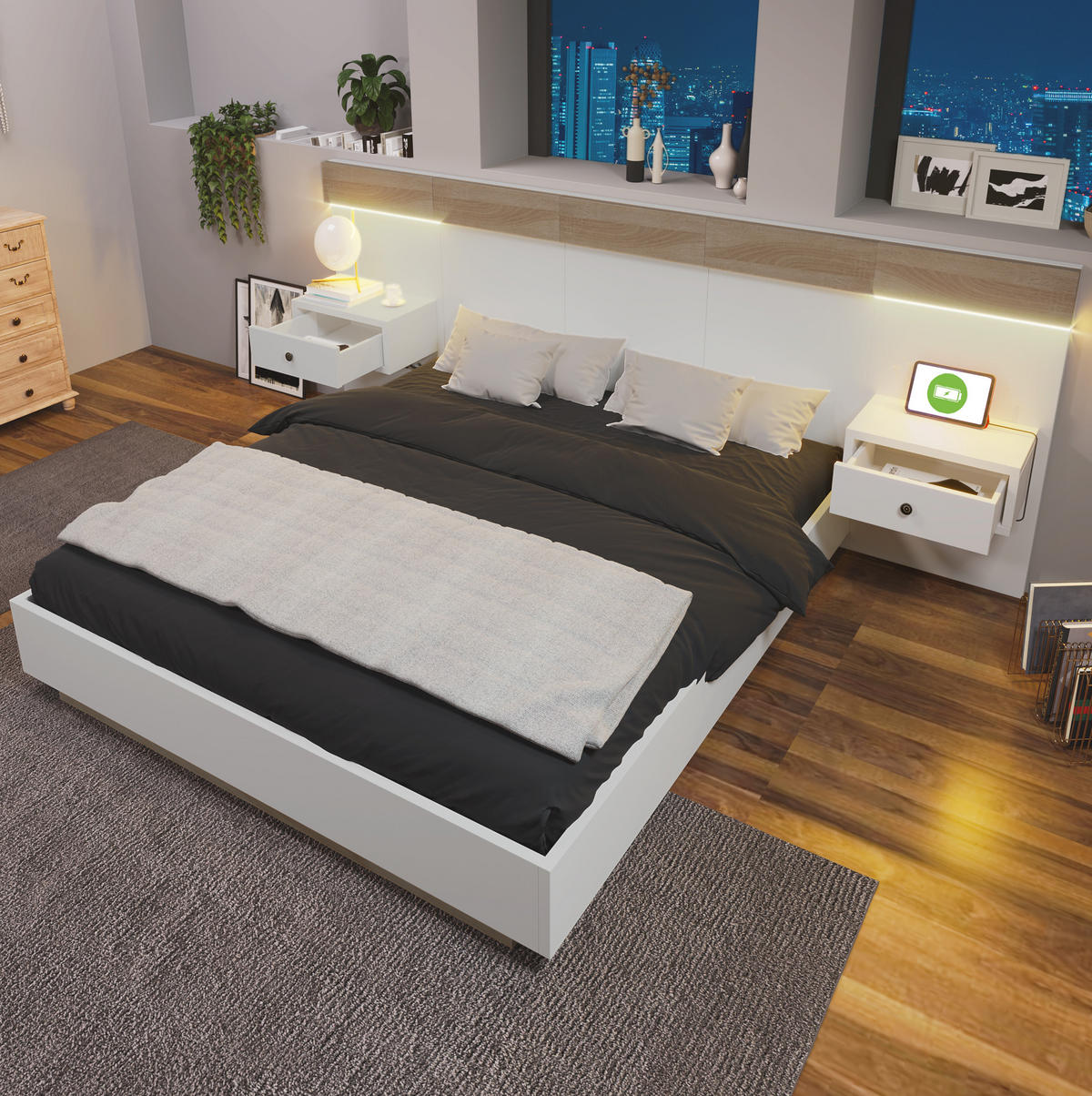 BETT 140/200 cm mit Kopfteil, 2 LED-Nachtkommoden & USB/Typ-C – Sonoma-Eiche/Weiß - Weiß, Holzwerkstoff (140/200cm) - BEAOK