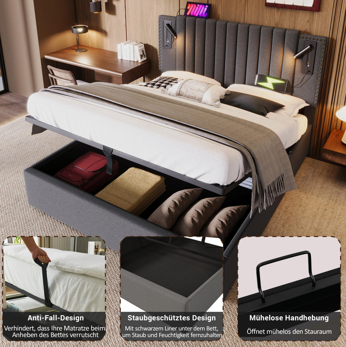 POLSTERBETT 160/200 cm mit Bettkasten, Matratze, Leselicht, USB- und USB-C-Anschlüssen, höhenverstellbarem Kopfteil, Grau - Grau, Textil (160/200cm) - Redom