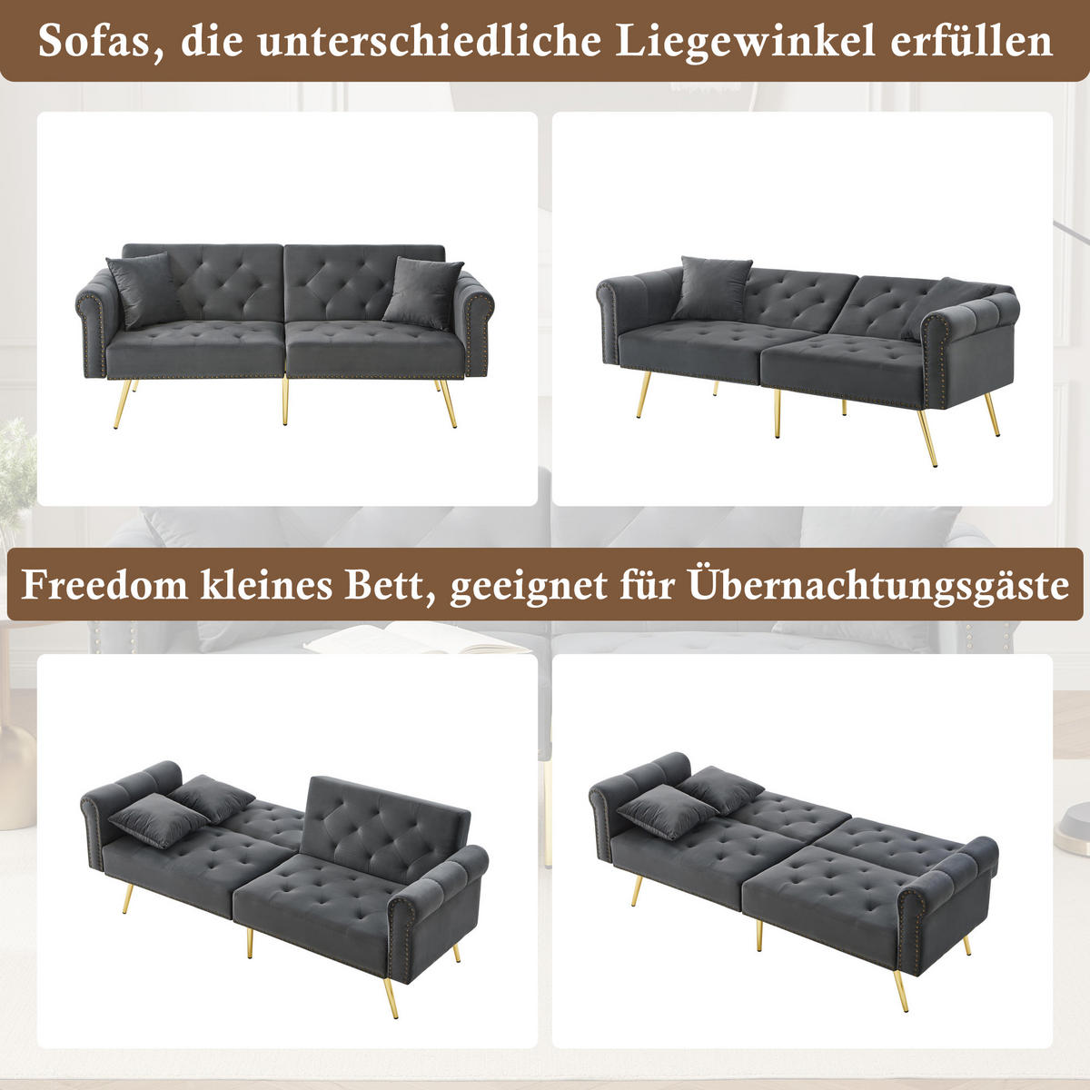 SOFA 2-Sitzer Schlaffunktion Samtbezug Verstellbare Lehne Metallfüße Kleinraum - Grau, Holz (89.54/19.81/77.47cm) - FLIEKS