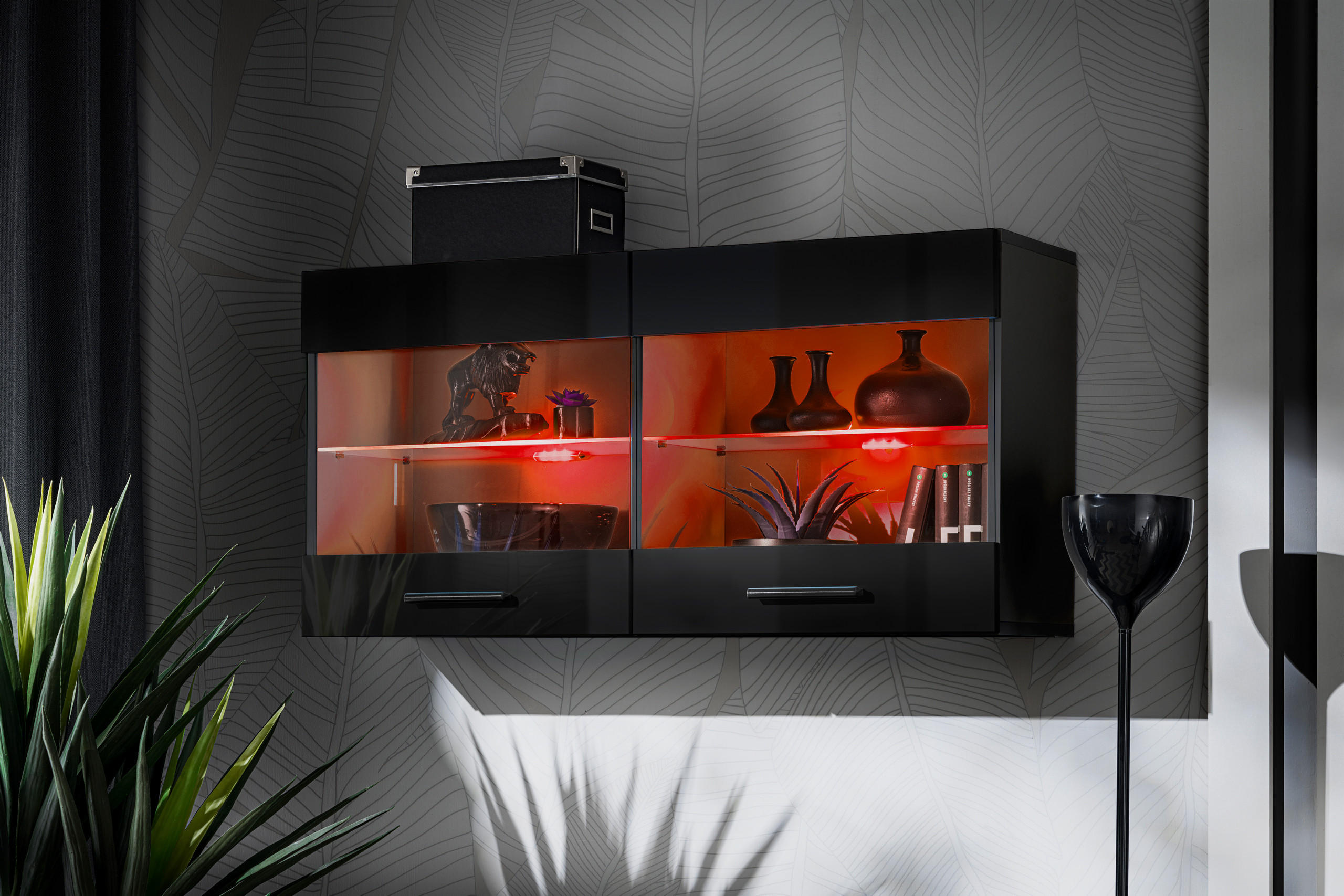 HÄNGEVITRINE SAVONA, Schwarz, LED Mehrfarbige - Schwarz, Glas/Holzwerkstoff (100/50/27.2cm) - Komodee