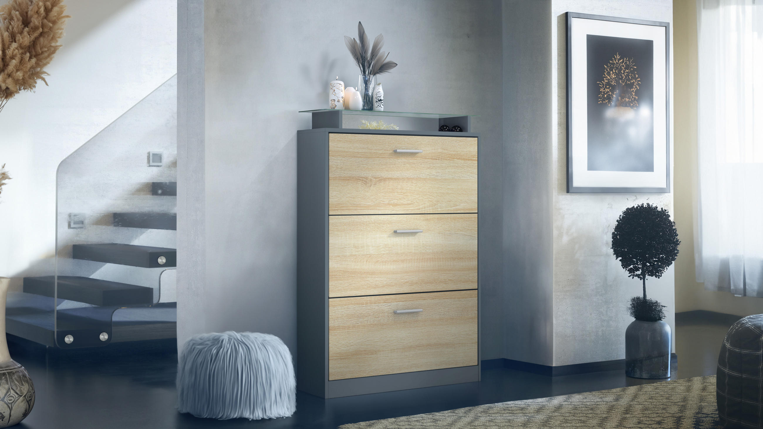 SCHUHSCHRANK Lavia Front in Eiche sägerau - Eiche San Remo, Holzwerkstoff (89/128/23cm) - Vladon