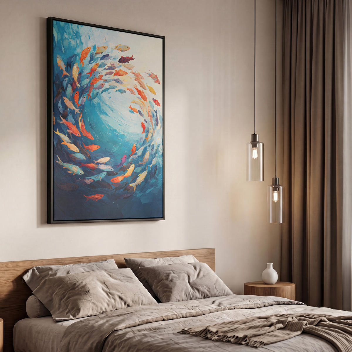LEINWAND Bilder mit Rahmen - Meer - Fische - Bunt - Dynamisch - 60x90 - Hellblau, Textil (60/90cm) - MuchoWow