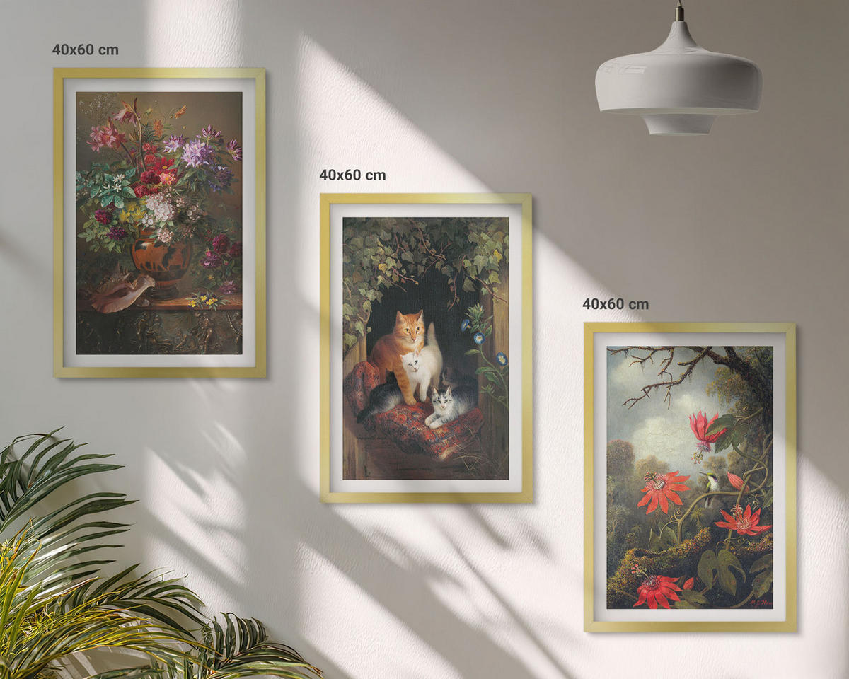 WANDBILDER 3er Set - 40x60 cm Goldrahmen - Vintage-Blumen, Katzen, Natur - Goldfarben, Kunststoff (40/60cm) - ArtPrintCave