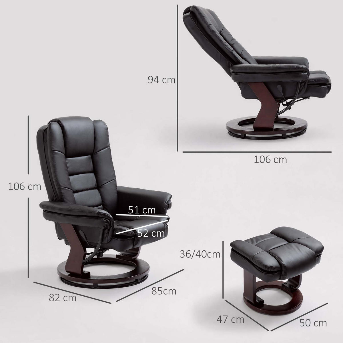 RELAXSESSEL mit Hocker 360°Drehbarer Fernsehsessel mit Liegefunktion Kunstleder - Schwarz/Braun, Leder/Holz (82/106/85cm) - HOMCOM